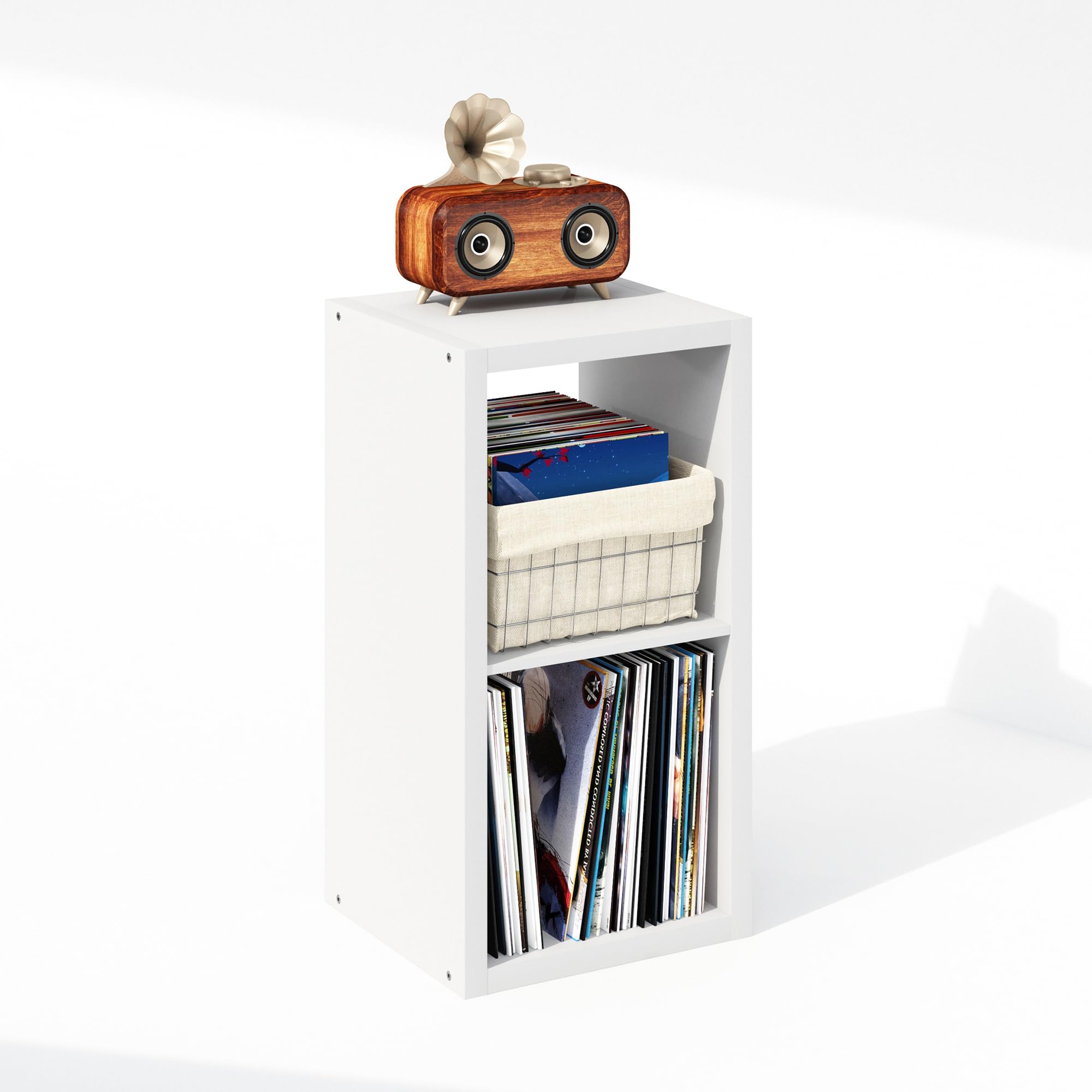 Furinno Cubicle Meuble Tourne-Disque avec Rangement pour Vinyles, 2-Cube Rangement pour Disques Vinyles 1.2 Extra Épais, Multimédia Ouverte À L'Arrière pour CD DVD Disques De Jeu Blu-Ray, Blanc