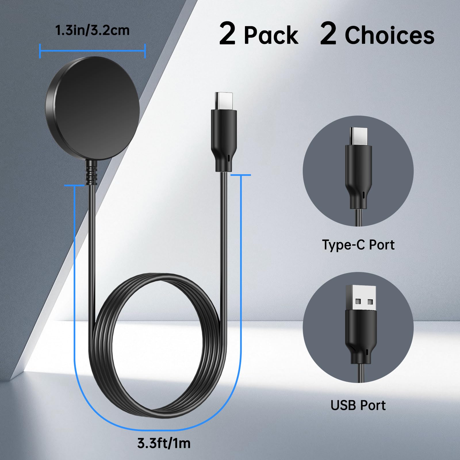 ACEQINGSE 2-Pack for Samsung Watch Charger, USB A/C Cable Charger for Galaxy Watch 7 Ultra 6 Classic 5 Pro 4 3 Active 2 1 FE, Magnetic Fast Charging Travel Cable, 3.3ft