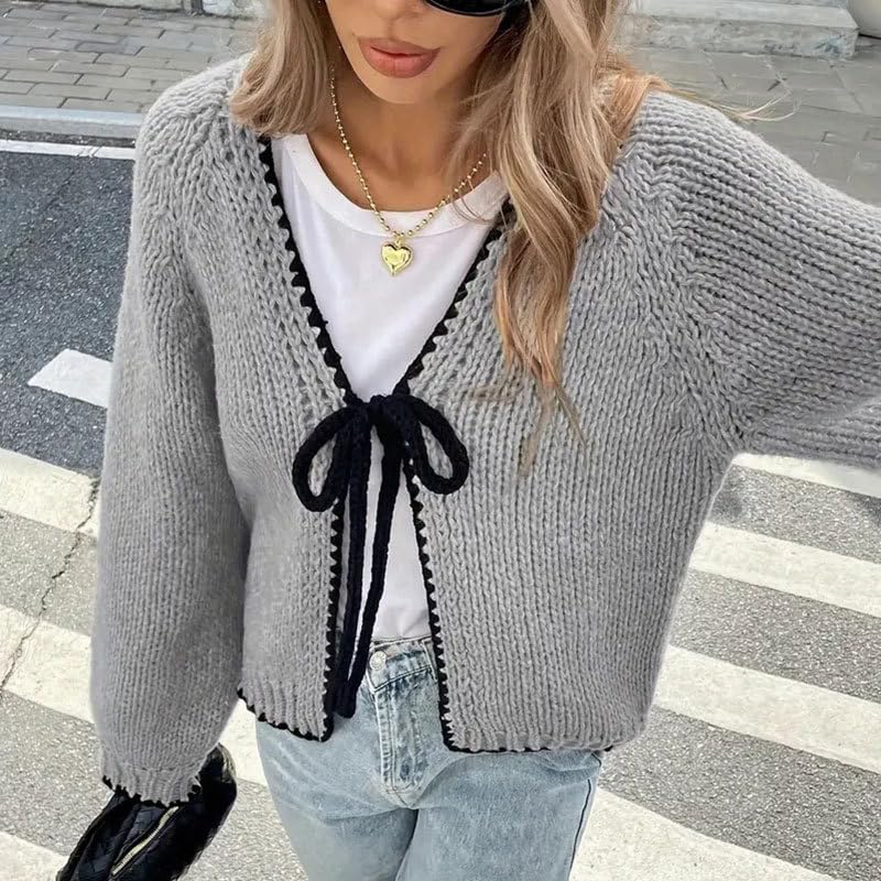 Gilet Cardigan Femme À Nouer sur Le Devant Col en V Grosse Maille Manches Longues Veste Légère en Maille Gilet Cardigan Ample et Décontracté Veste De Mi Saison Idéale pour Le Bureau et Le Quot