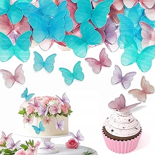 Jotia 48Pcs Butterfly Birthday Cake Topper Decoration, Edible Butterfly Cake Topper 3D Colorful Realistic Cake Topper Edib...