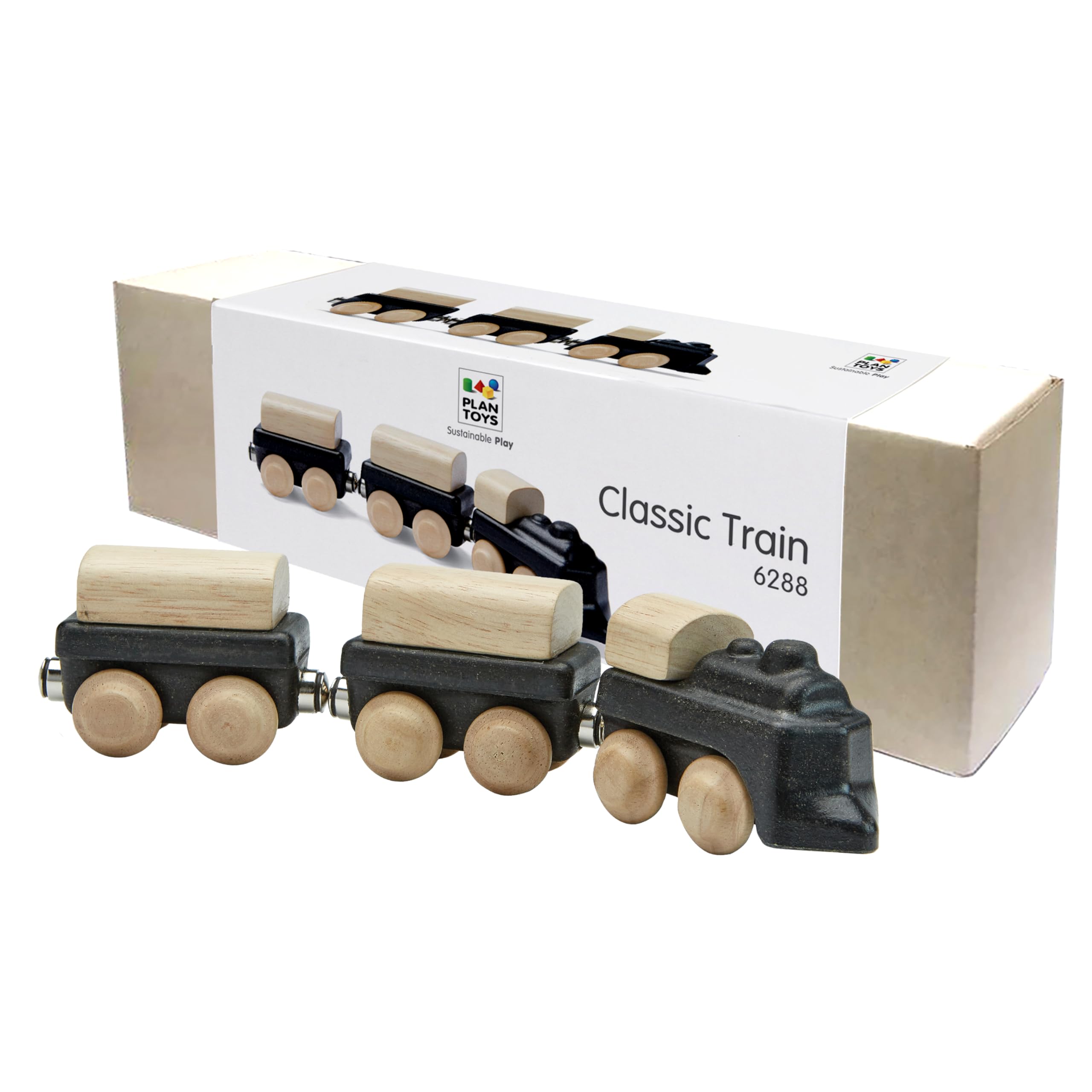 PlanToys® Classic Train Wooden Montessori Vehicle Toy | Early Movement, Imagination and Practical Life Exploration | Eco Friendly Train Set for Indoor