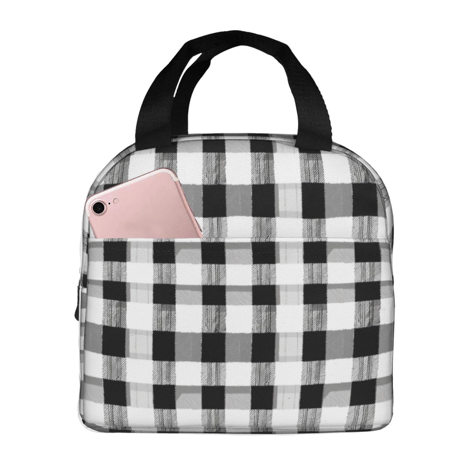 DADABULIU Lunch Bag Black White Plaid Insulated Lunch Box Cooler Tote for Adults Student Boys Girls Women Men Work Office School Picnic Beach Reusable Lunchbox Over 3 Years Old