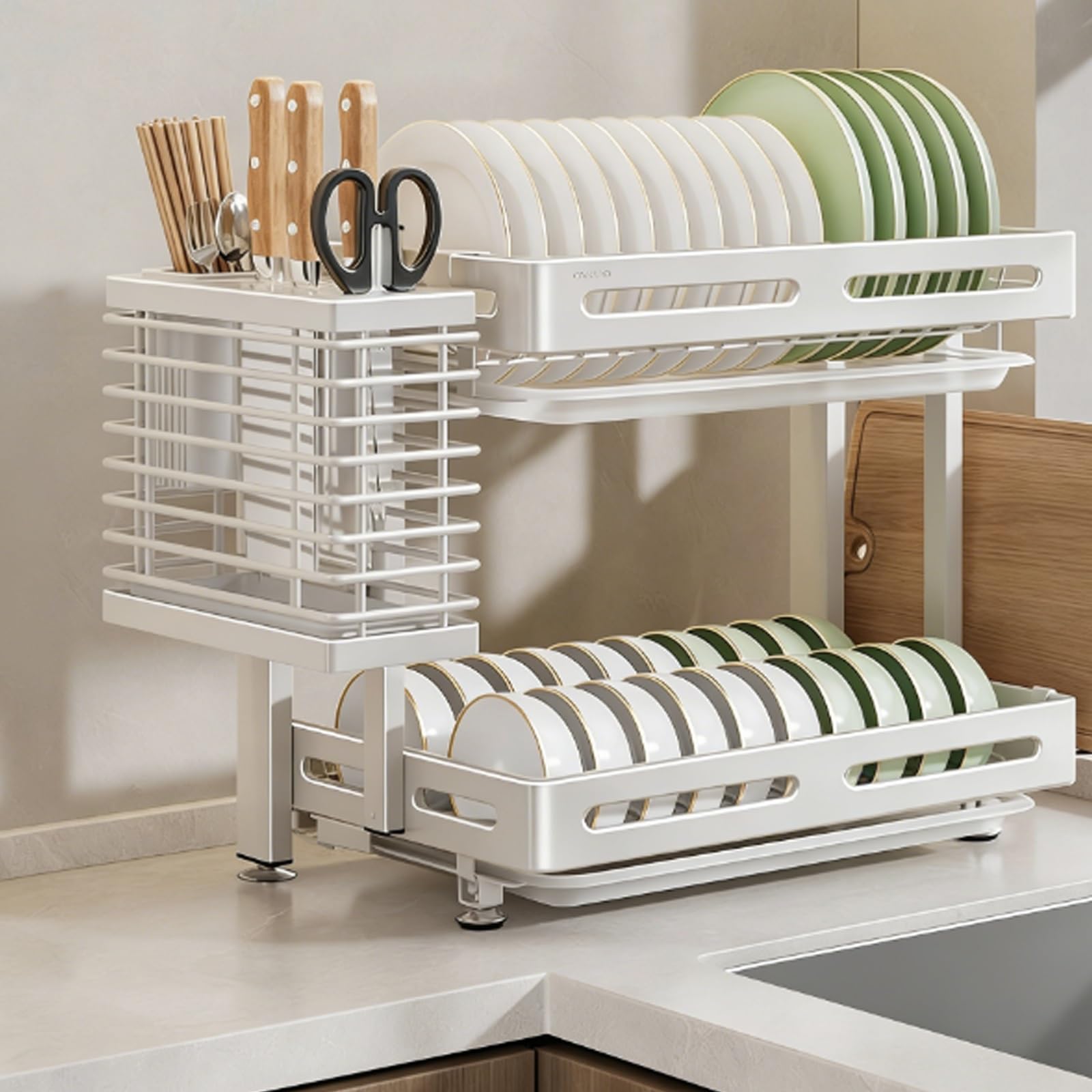 Escurridor Multifuncional de Gran Capacidad, Fabricado en Acero Inoxidable 304, con Soporte Plegable para Palillos, Cuencos y Platos; Ideal para secar la vajilla. (Blanco, Doble Pared)