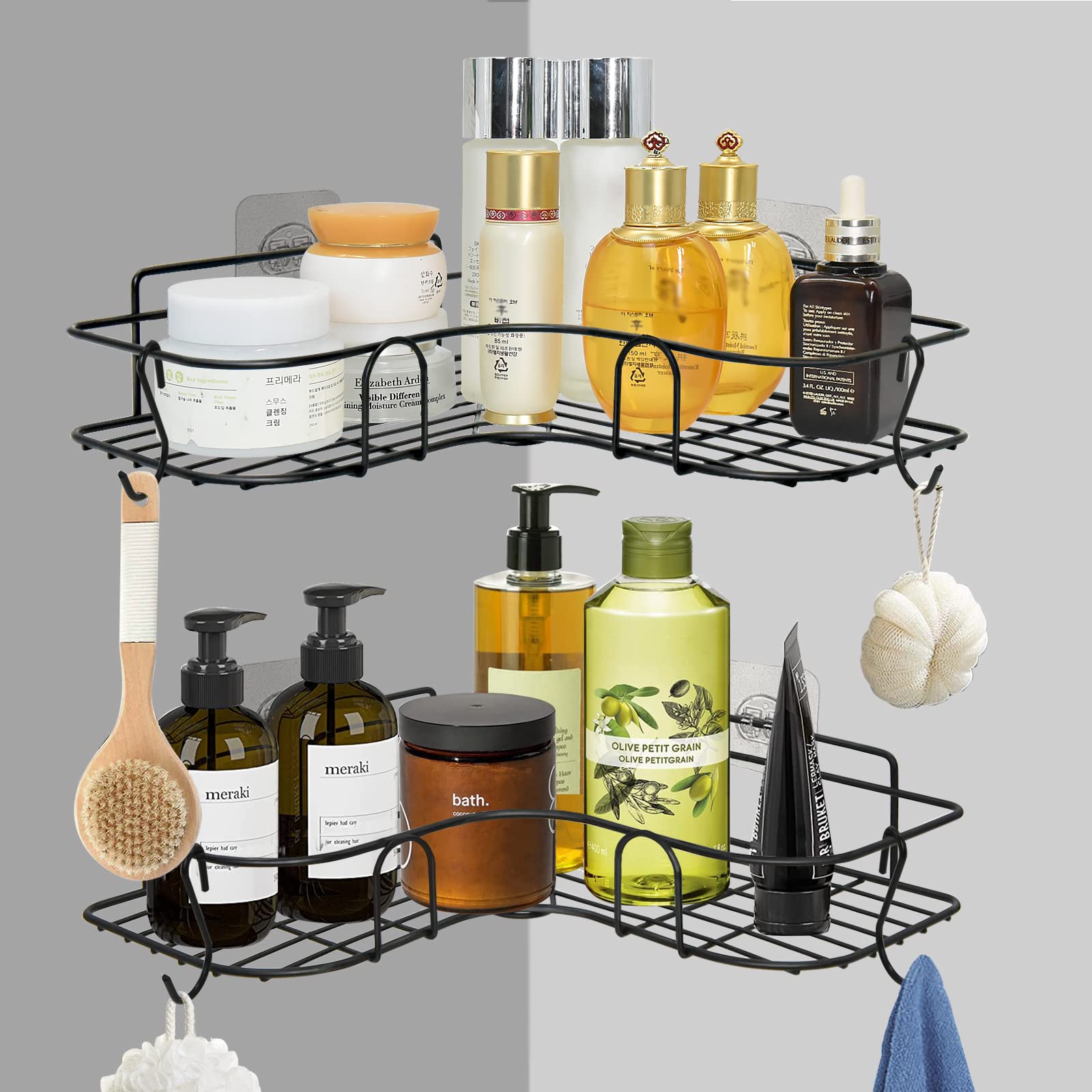 Shower Caddy Corner Shelf with 4 Hooks Set of 2, Corner Shower Caddy Shelf for Inside Shower, Adhesive No Drilling Bathroom Shower Organizer Shelves, Shower Shelves Rustproof Basket for Shampoo Towel