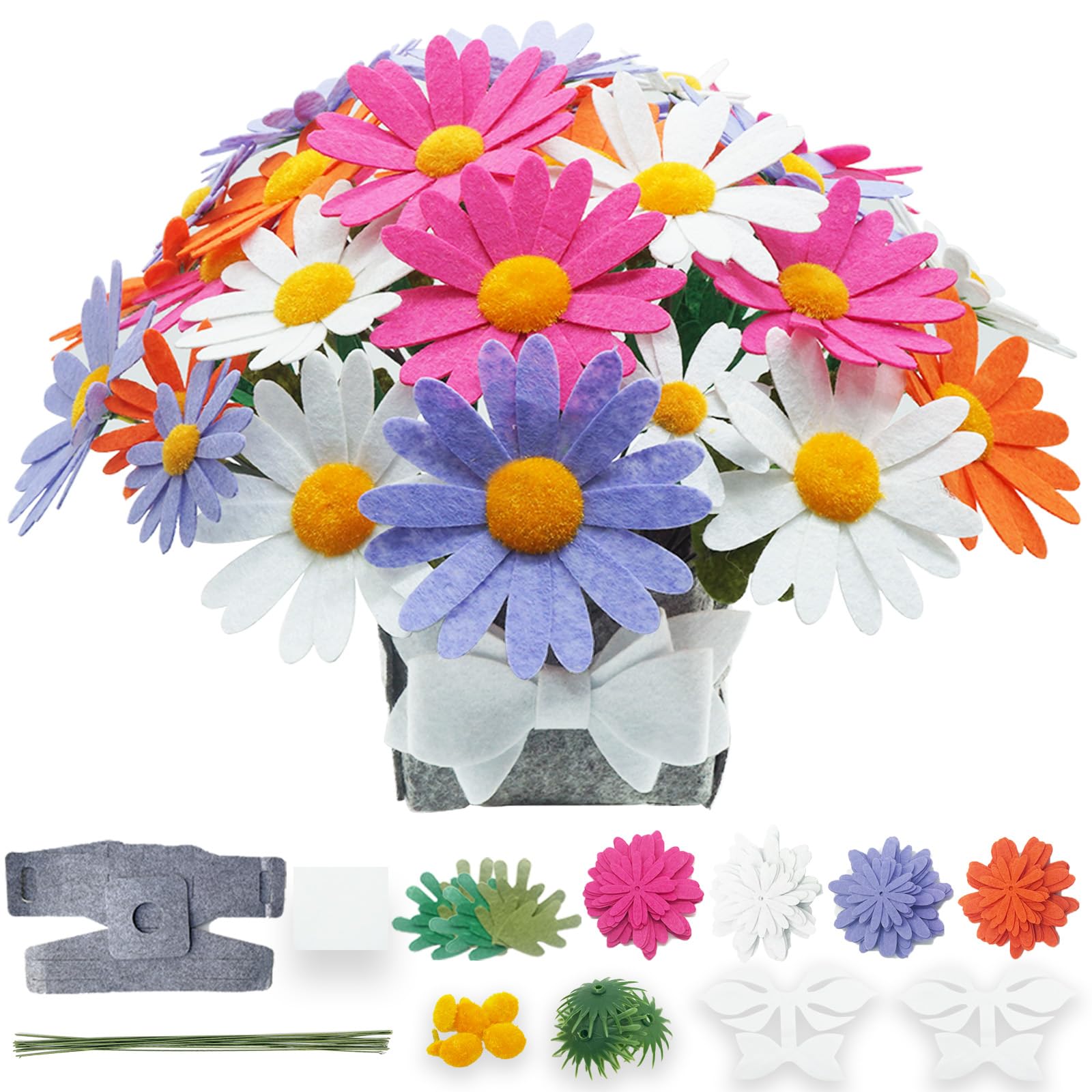 BAZIMADIY Felt Flower Art Craft Kit,DIY Daisy Bouquet Kit, 32 Daisy,Floral Gifts,Beginner Craft Kit,Arrange Pre-Cut Felt Flowers and Foliage (Purple Orange White)