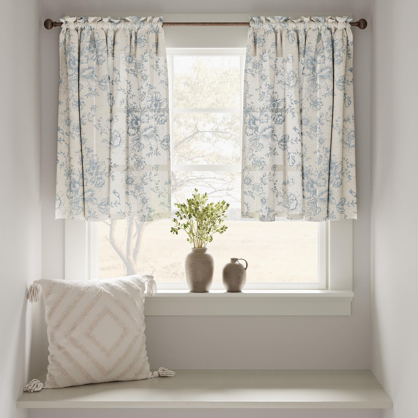 TOPICK Linen Blend Blue Floral Kitchen Curtains 24 Inch Drop Small Cafe Curtains Light Filtering Short Curtain Tiers for Bathroom Sink Rod Pocket 2 Panels - Image 2