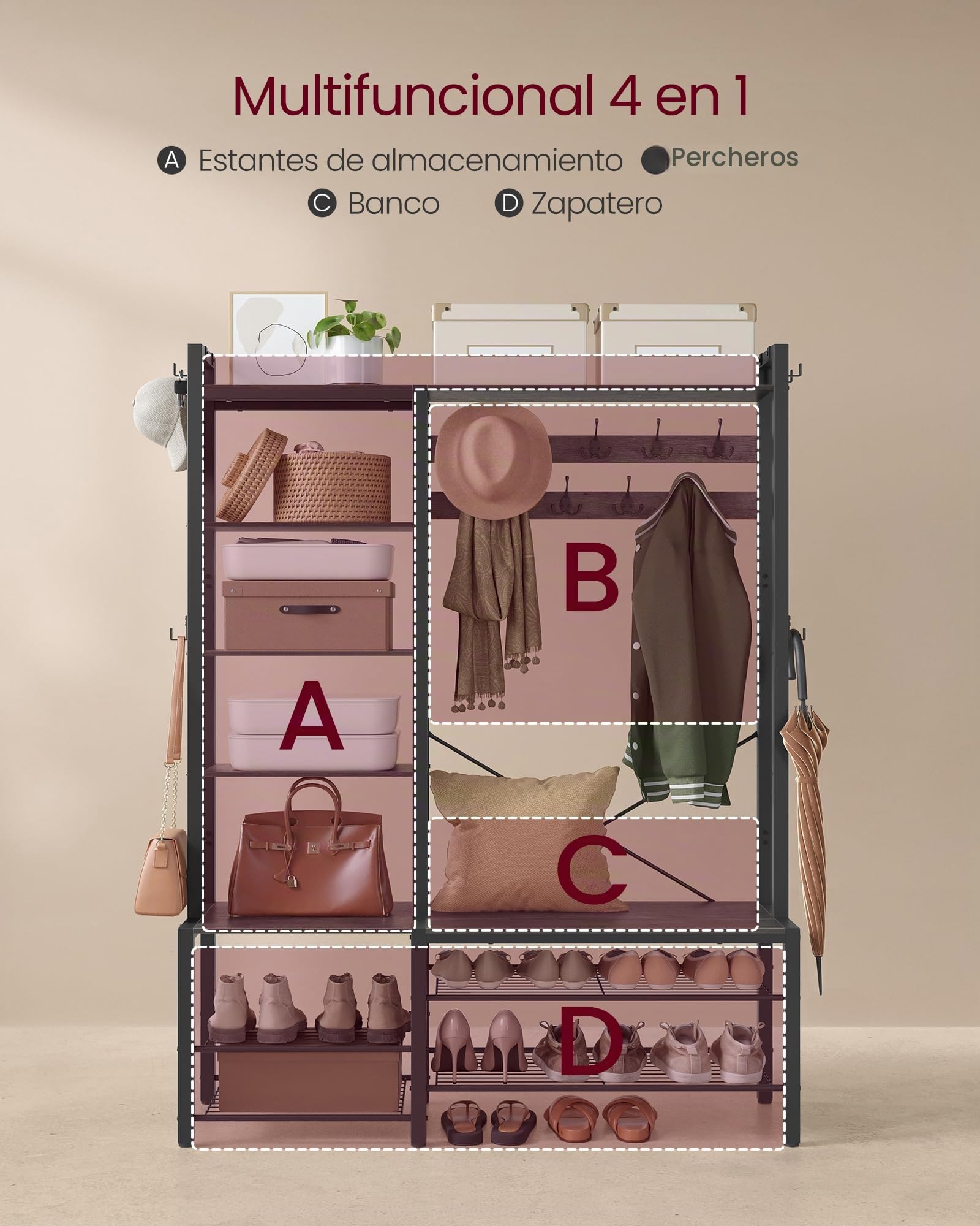 VASAGLE Perchero Recibidor con Banco Zapatero y 5 Estantes de Almacenaje, 9 Ganchos para Ropa y 6 Ganchos Laterales, 40 x 120 x 190 cm, Gris Piedra y Negro Tinta HSR426B04