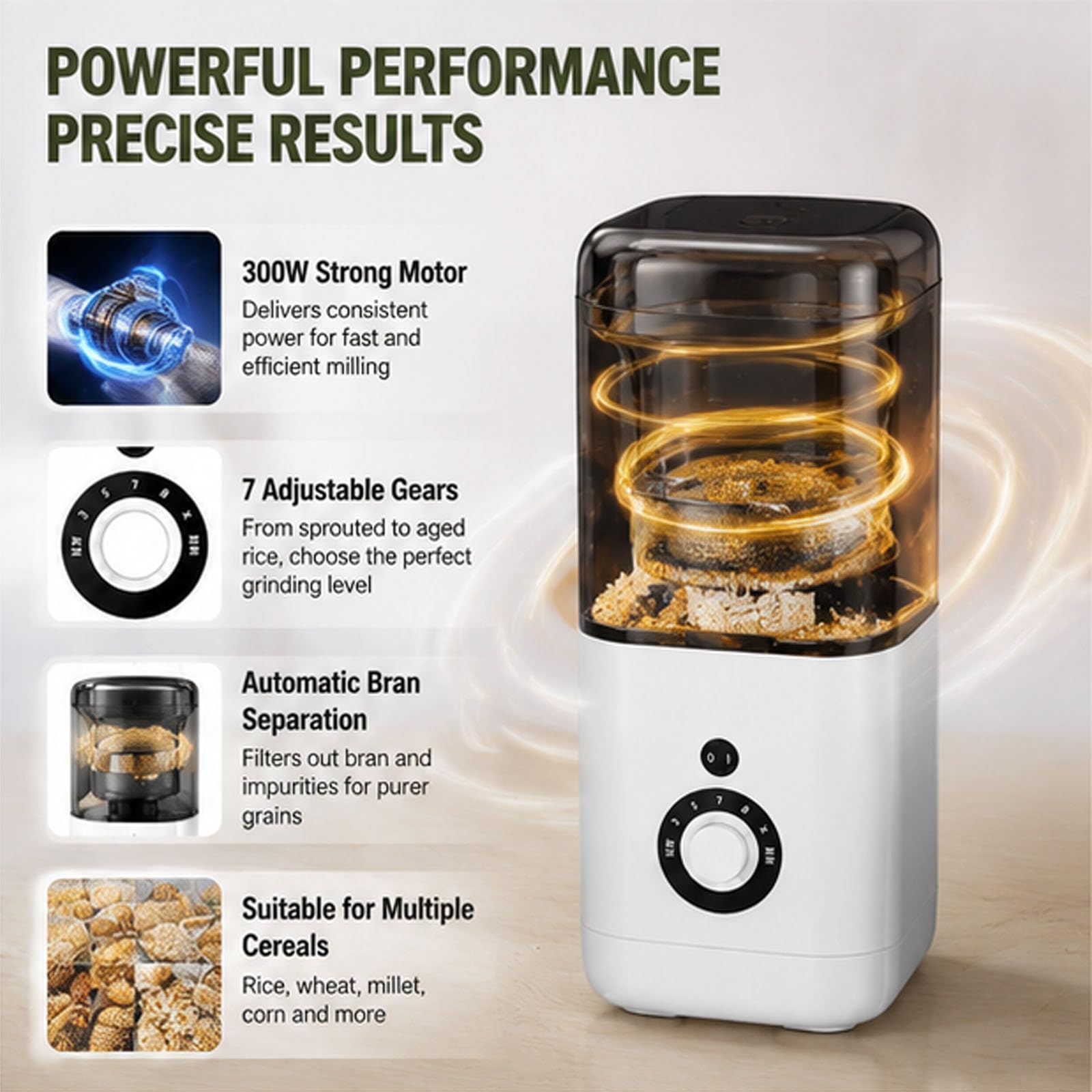 Fresatrice per riso, separatore automatico di crusca di riso con misurino, produce riso in 3 minuti, precisione di fresatura a 7 marce, ideale per casa, grano, cereali, fattorie