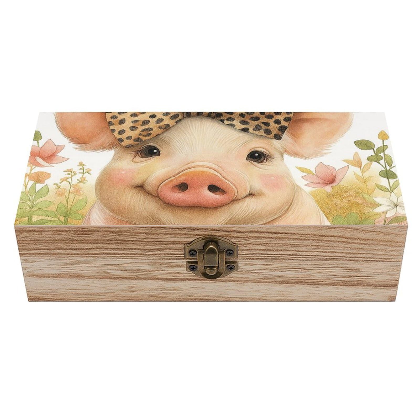 Oudrspo Adorable Pig with Leopard Bow Retro Wooden Storage Box Keepsake Jewelry Decorative Art Storages Box Gift Boxs