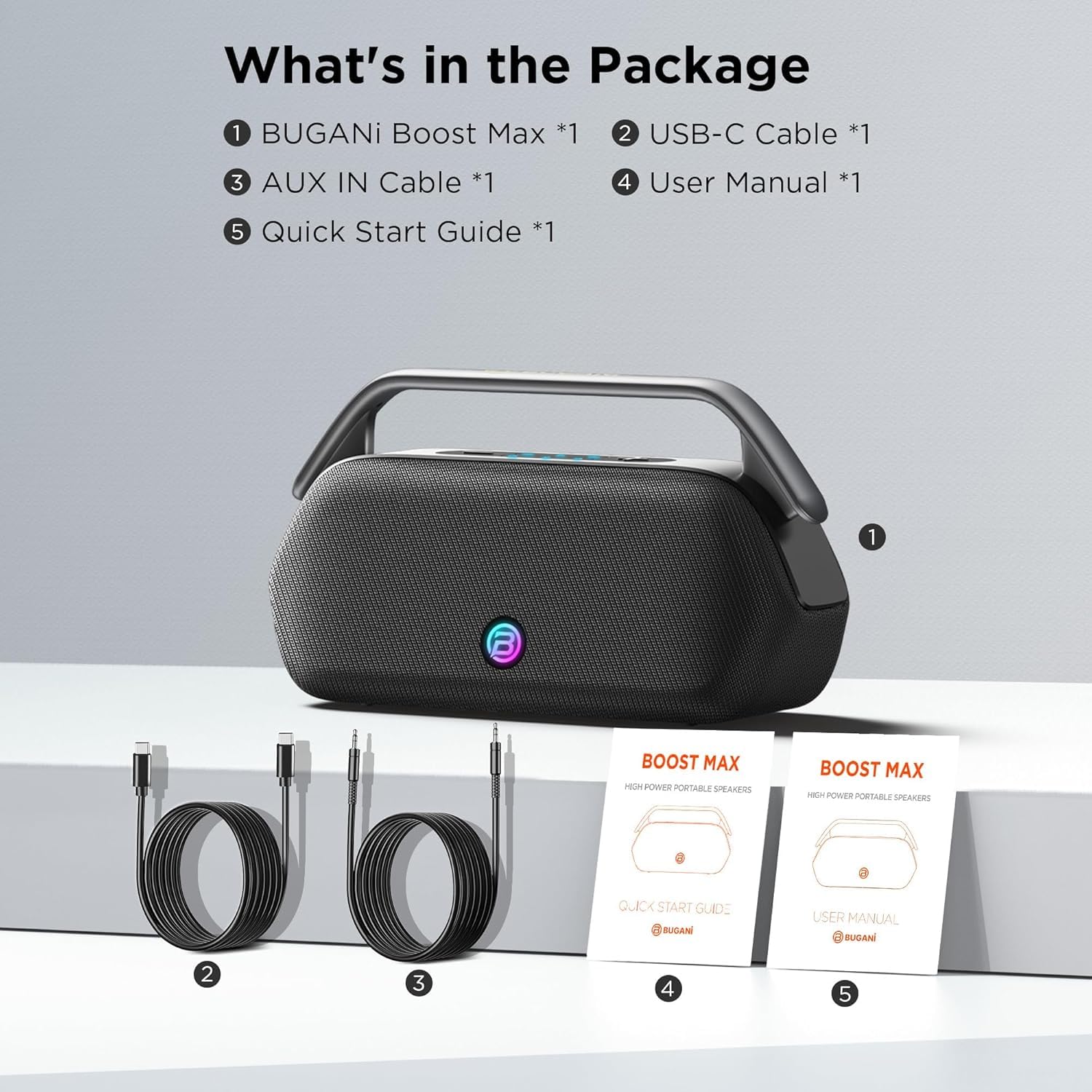 BUGANI Boost Max - Altavoz Bluetooth portátil de 240 W, autonomía de reproducción de 16 horas, subwoofer, soporta funciones auxiliar/USB/banco de energía, altavoz externo para camping, playa, fiestas