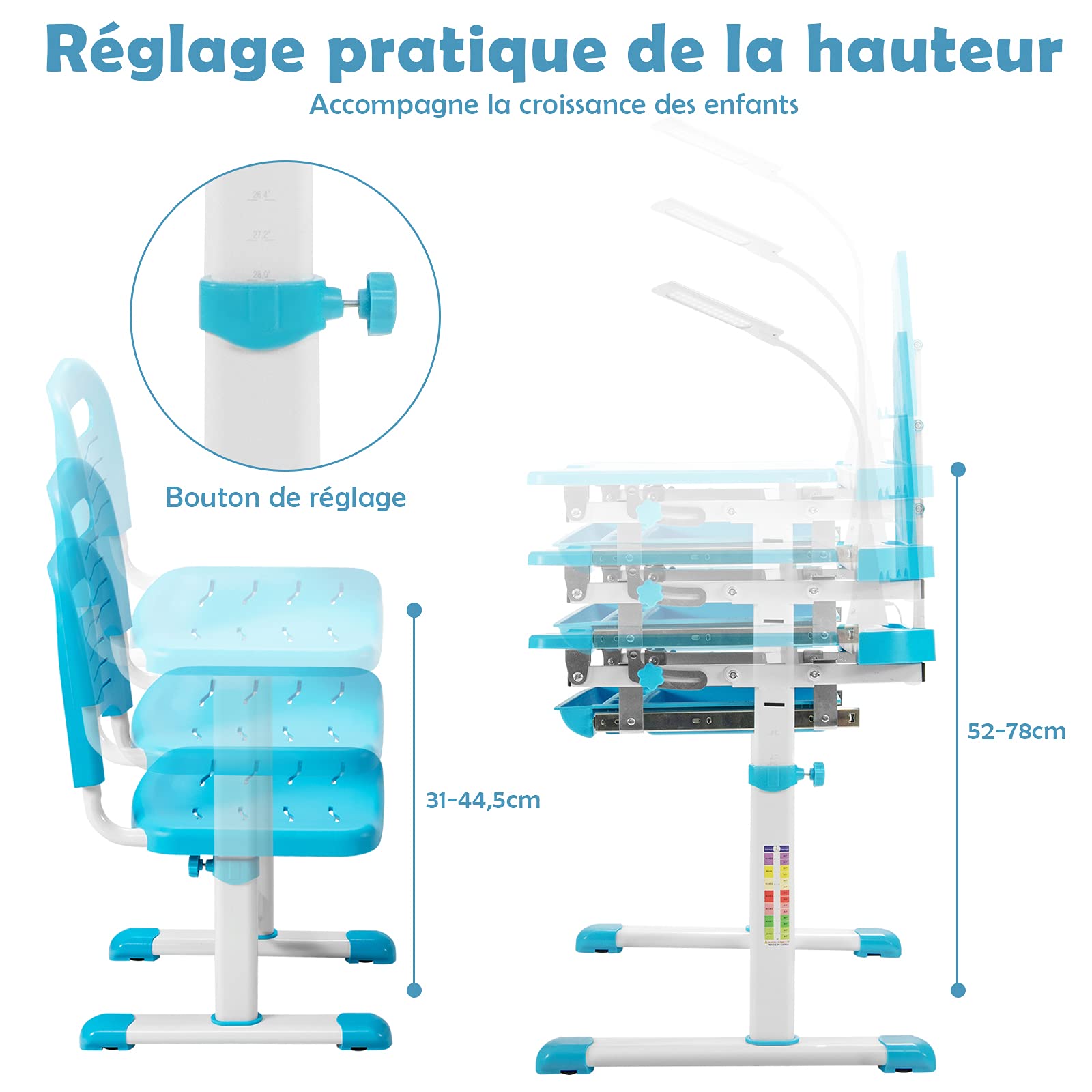 COSTWAY Bureau Enfant Garçon Fille avec Chaise & Plateau Incliné, Table et Chaise Enfant avec Hauteur Réglable & Éclairage à 3 Niveaux, Support de Livre, Tiroir, Charge 80/100kg pour 6-12 Ans, Bleu