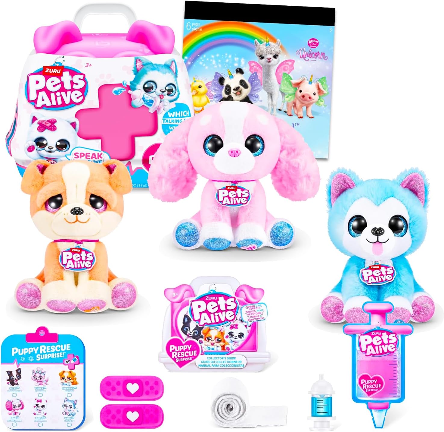 ZURU Pets Alive Pet Shop Surprise bundle showing a pink pet carrier, three plush puppies (orange, pink, blue), and various small accessories like bandages and a syringe.
