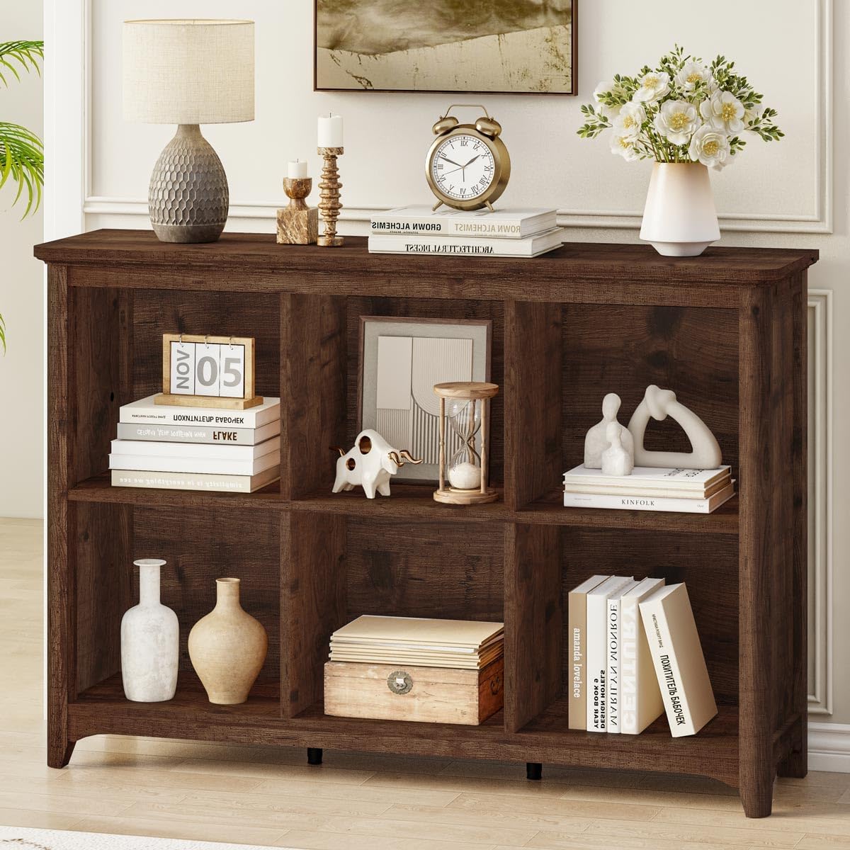 BON AUGURE 6 Cube Storage Bookshelf, Horizontal Wooden Bookcase with Curved Edge, Floor Standing Cubby Organizer for Living Room, Bedroom & Home Office (Rustic Oak)