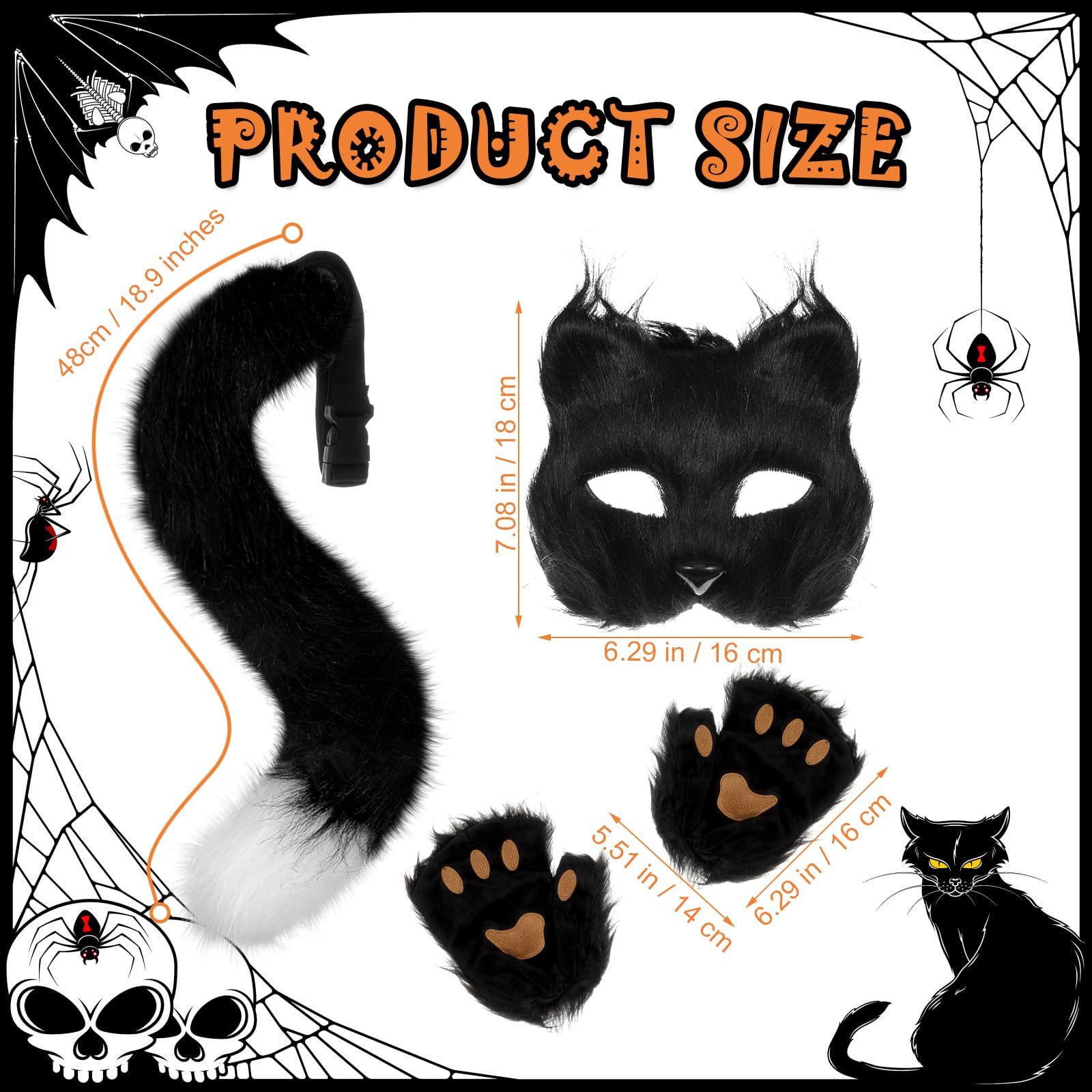 XEPST Ensemble de Costumes de Renard Animal, Costume de Renard en Fausse Fourrure avec Masque de Renard Queue de Renard pour Accessoire Déguisement Costume Anniversaire Halloween Carnaval, Noir