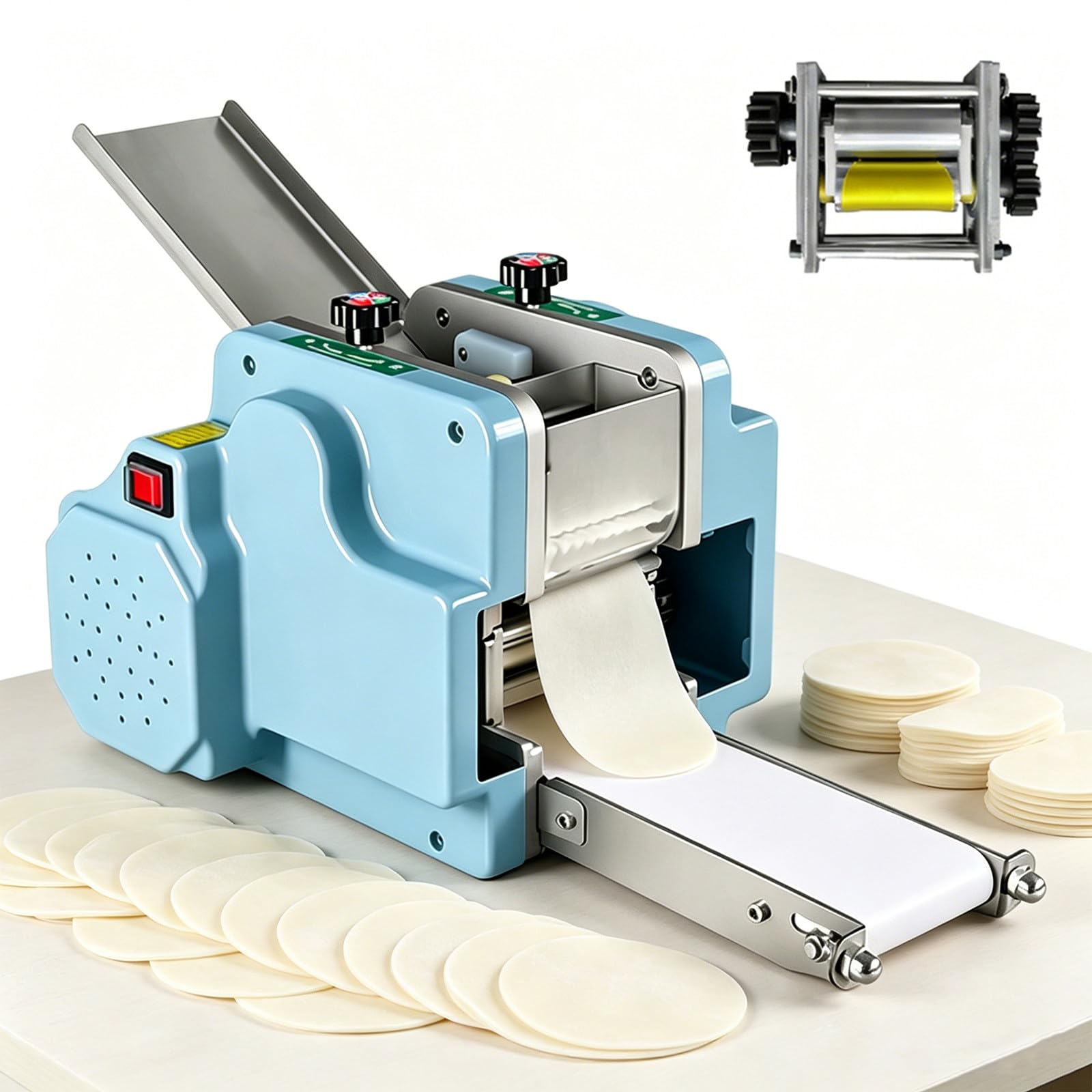 GwlThixion Commercial Electric Dumpling Skin Maker, Automatic Dumpling Skin Processing Machine, Detachable Easy Clean Dumpling Skin Machine, for Wonton Siu Mai Potsticker Skins Blue-+1