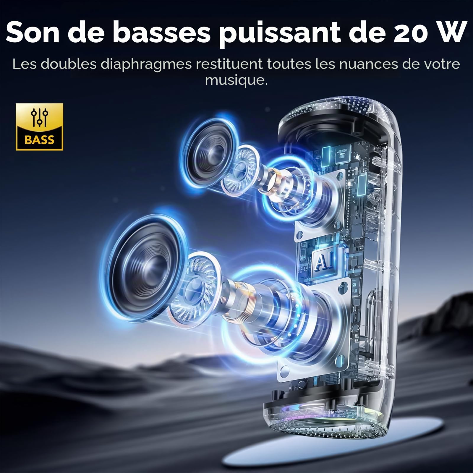 aowoka Enceinte Bluetooth Puissante sans Fil avec Lumière LED, Écran Numérique Haut-Parleur Portable 20W, Basses Améliorées, Autonomie 20H, Bluetooth 5.4, Étanche IPX7, pour Voyage/Sport/Fête