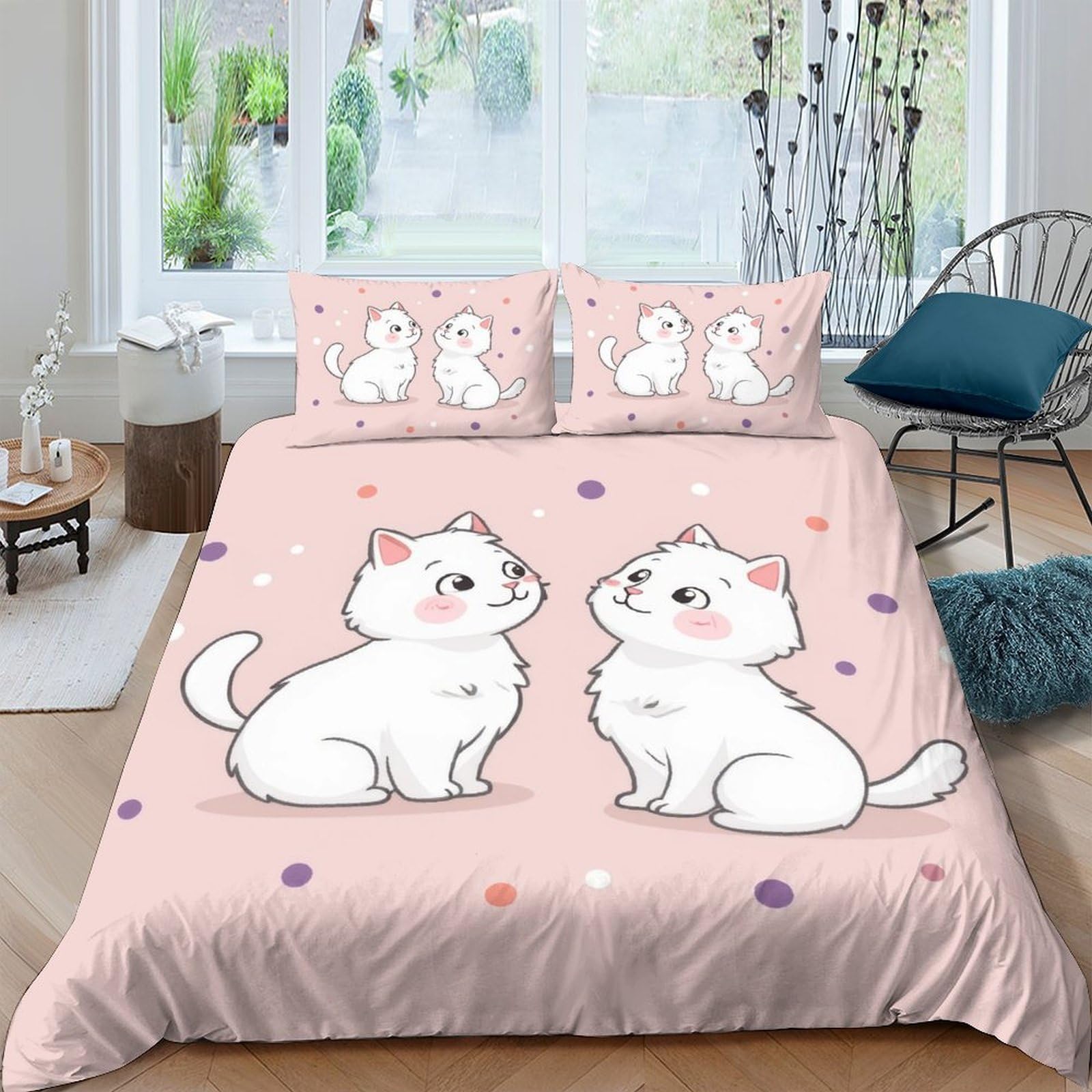 Ctjqhvkz Style-1 3D Printed Cute White Cat Fitted Sheet Microfiber Pink Cartoon Kitten Mattress Cover For Bedroom Dorm Decor Single（135X200cm）