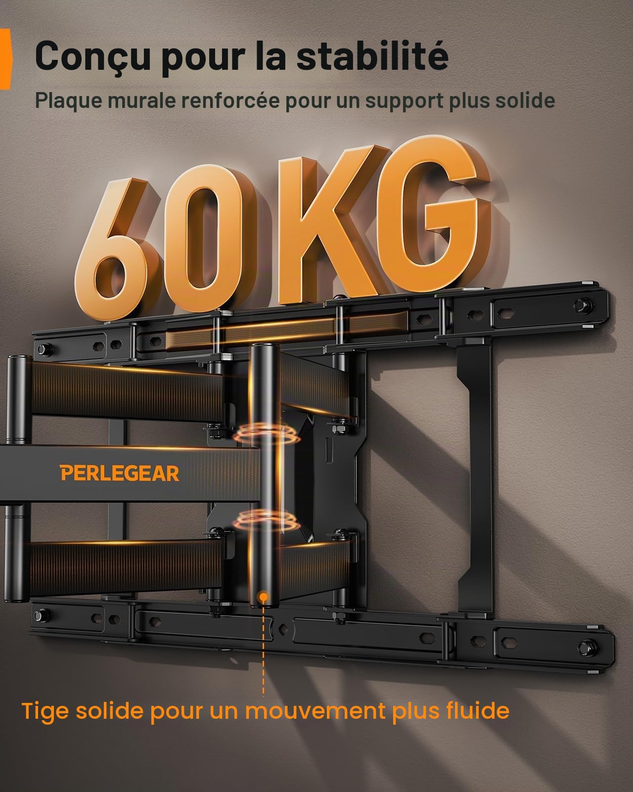 Perlegear Support Mural TV Ultra-Fin, Profil 27,9 mm TVs 42 à 90 Pouces, Support TV à Mouvement Complet avec 2 Bras Articulés, Pivotant, Inclinable, Compatible VESA à 600 x 400 mm, Charge Max 60 kg