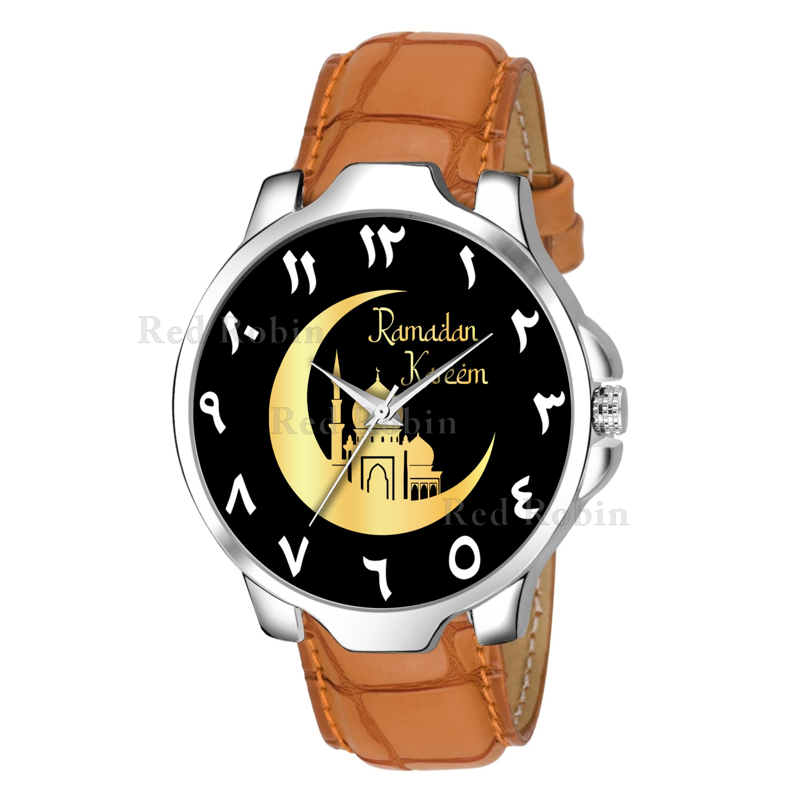 Talgo Analog Ramadan Design Black Dial Stylish Tan Leather Strap Wrist Watch for Muslim Men and Boys, Pack of 1 - RAMADAN-3K-SIL-TAN-CRL (B0CXMB6432) Amazon Price History, Amazon Price Tracker