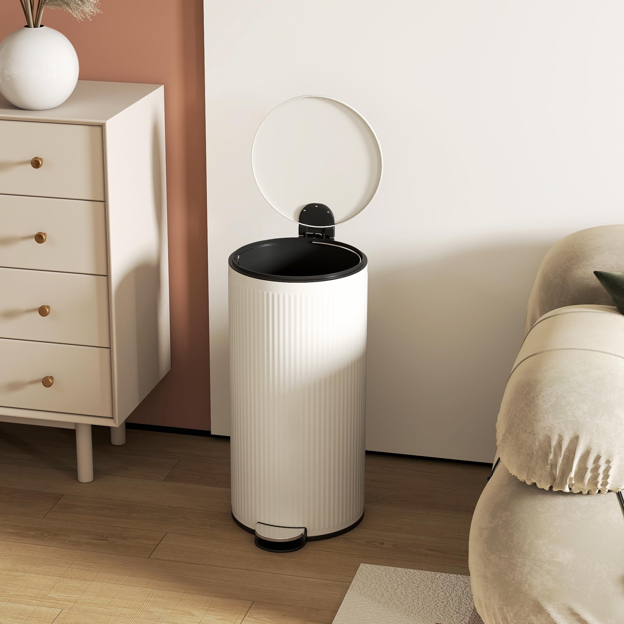 HOMCOM Mülleimer 30 L Treteimer mit Pedal, Cremeweiß, 36 x 30 x 60,5 cm | Softclose-Deckel, Abfallsammler, Abnehmbarer Inneneimer, Abfalleimer, Metall