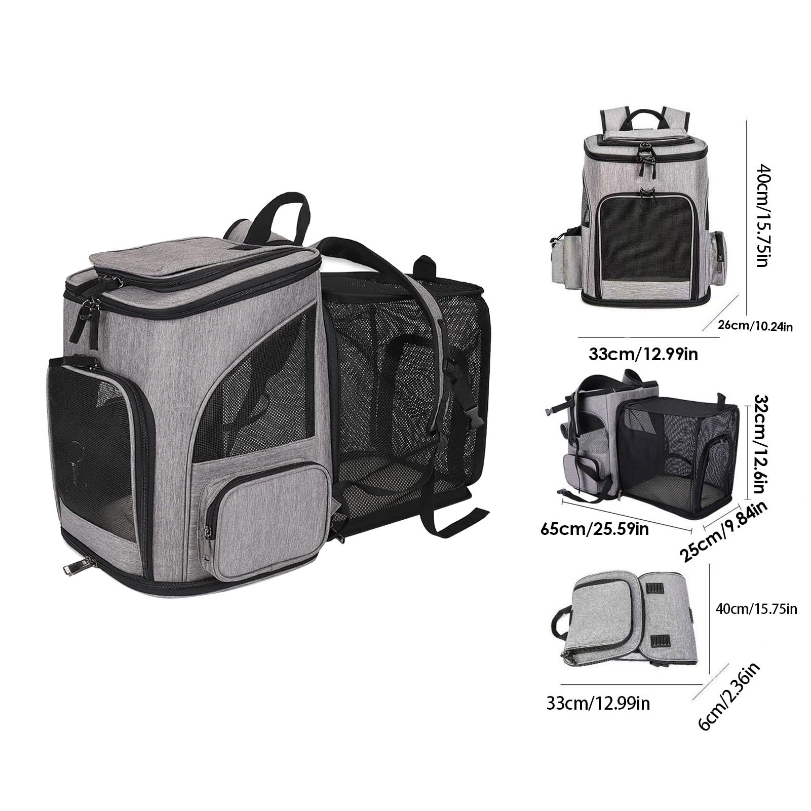 Greensen Große Katzen-Tasche, Erweiterbare Haustiertasche mit Mesh-Fenstern und Plüschkissen, für Kleine Bis Mittelgroße Katzen und Hunde Bis zu 8 Kg, Reisen Wandern Camping (Grey)