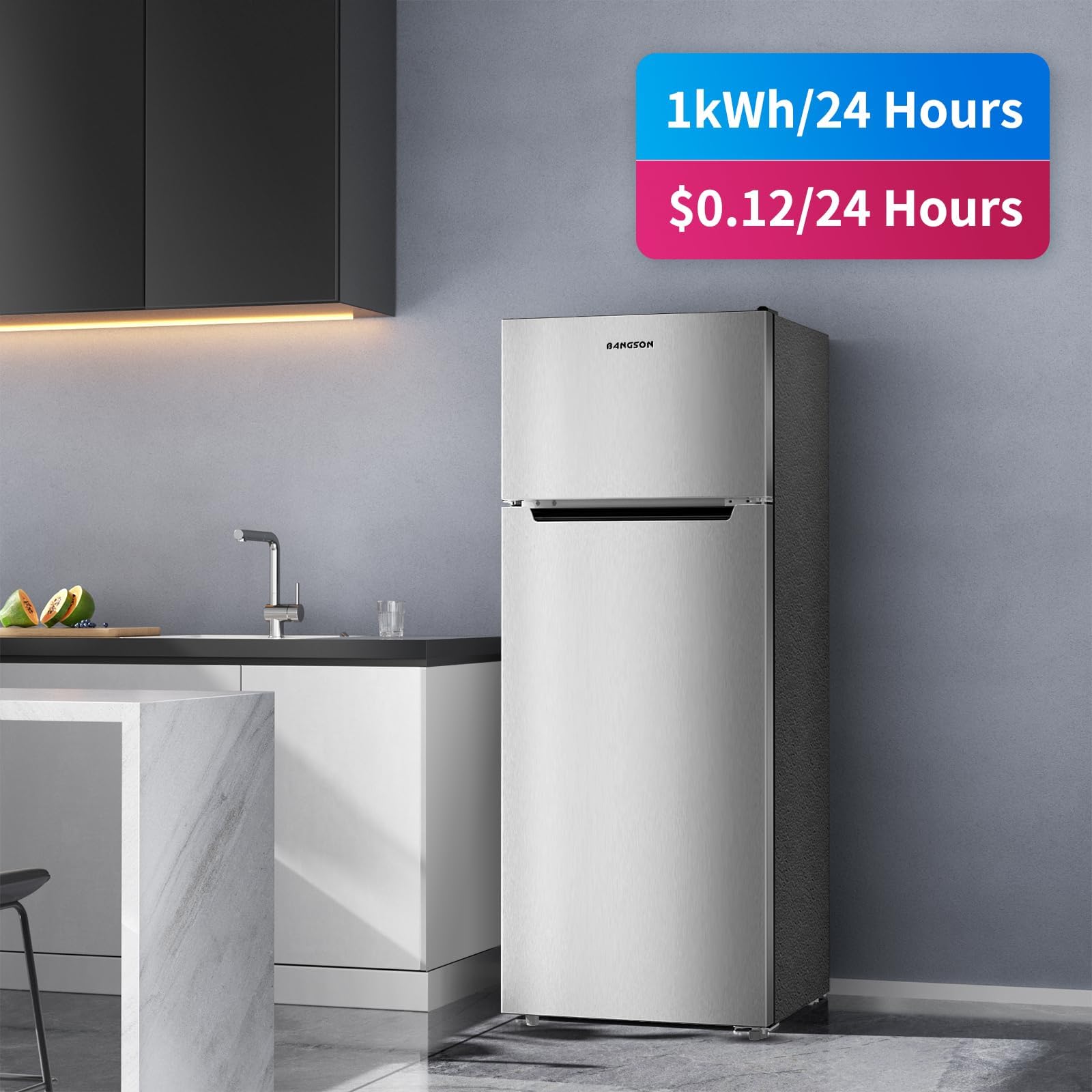 Bangson 7.7 Cu.Ft Refrigerator With Top Freezer Apartment Size, Fridge For Small Spaces, Office Studio, Energy Saving Low Noise Adjustable Thermostat, Stainless Steel, Silver on Fridge.com - View 6