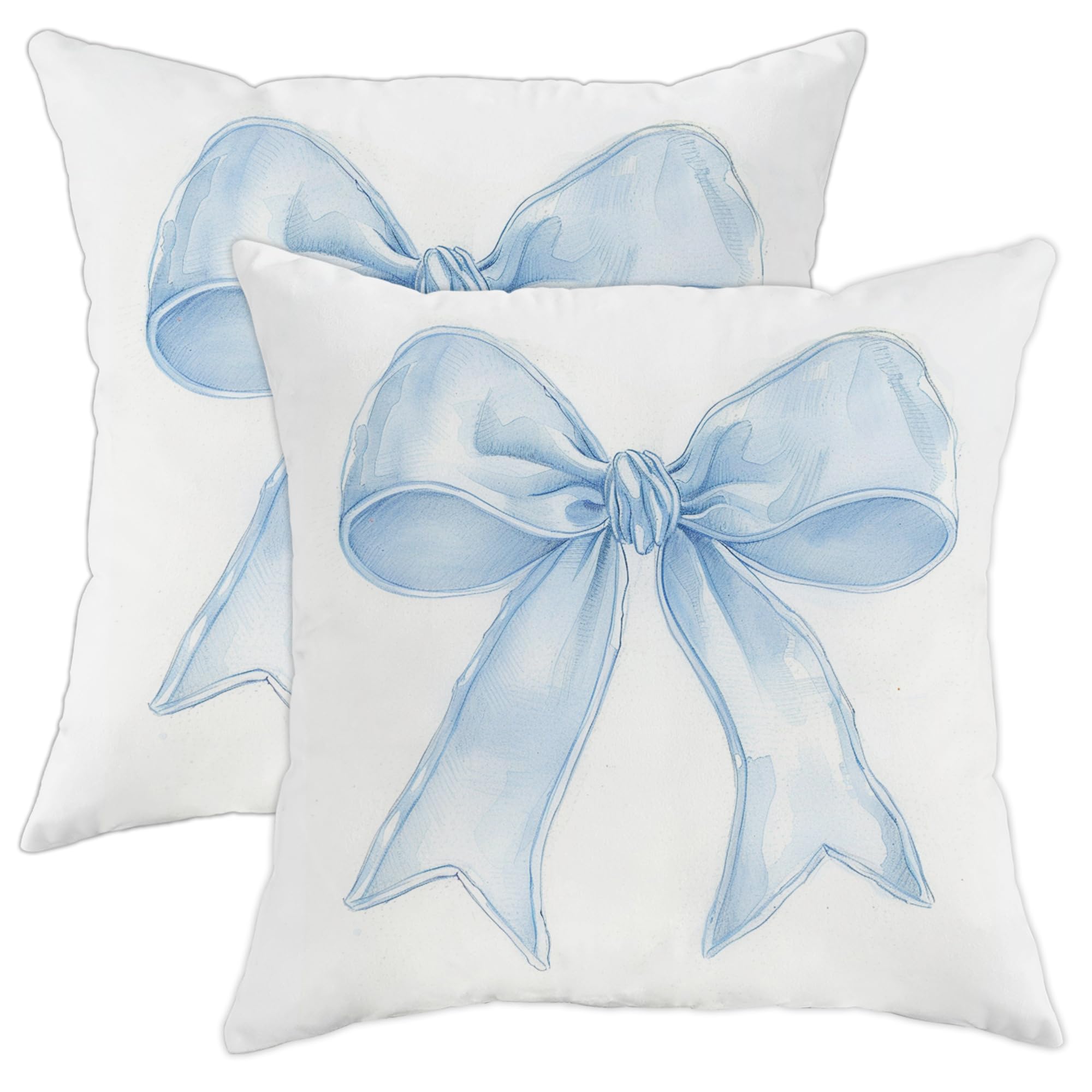 Spring Decorative Throw Pillow Covers, Light Blue Ribbon Bow Holiday Cushion Covers, Outdoor Farmhouse Style Sofa Bed Couch Pillow Case, Set of 2 16x16 Inch