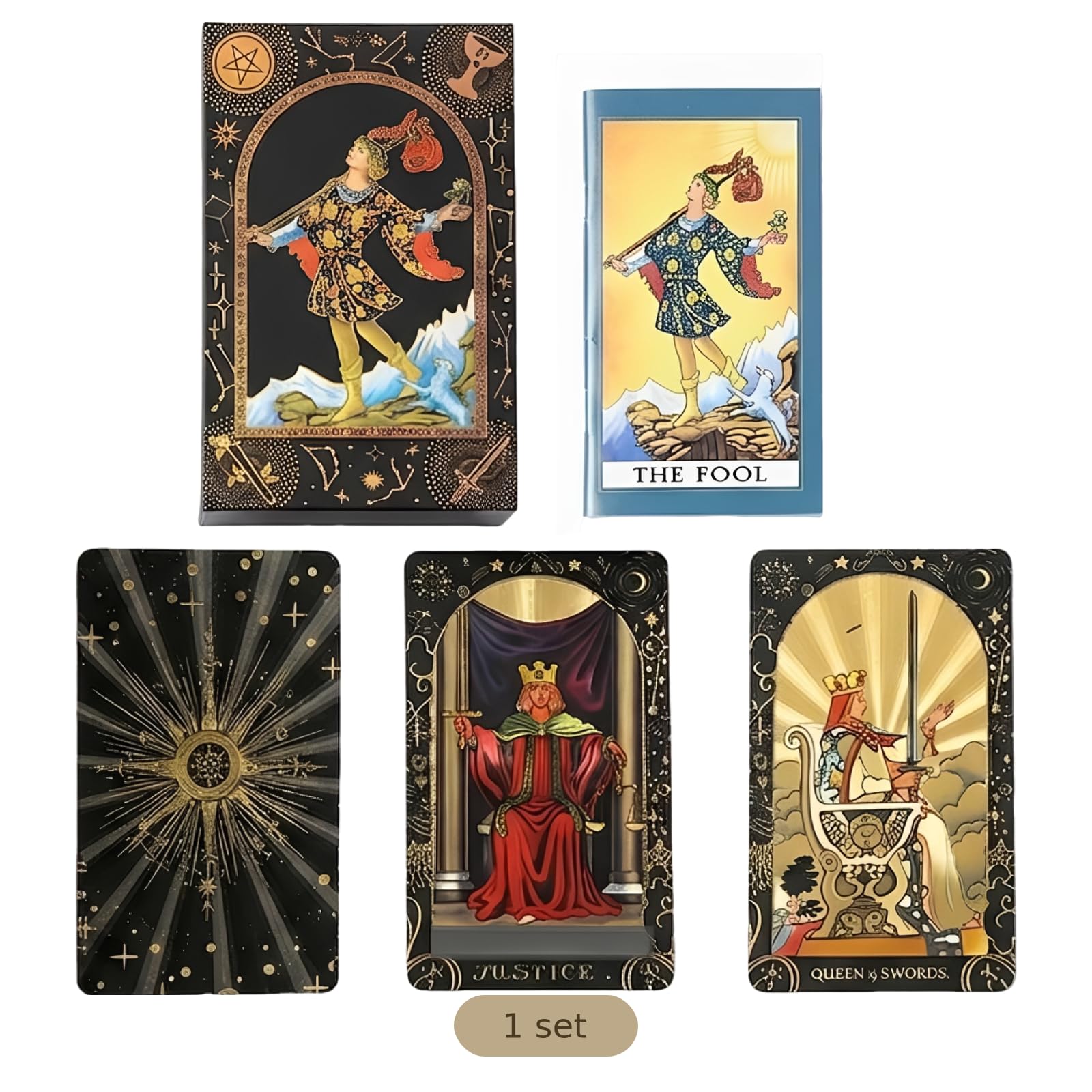 Tarotkarten-Set, 78 Karten aus schwarzem PET, wasserfest, Goldfolie-Designs, PVC-Karten mit rechteckigem Ständer, englische Anleitung, Geschenkbox 5,4 x 3,3 x 1,9 in, für Anfänger und Experten