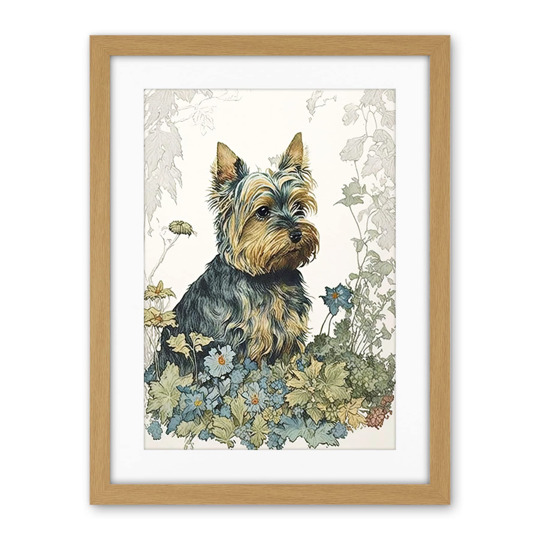 Artery8 Yorkshire Terrier Dog in Wildflowers Watercolour Illustration Artwork Framed Wall Art Print 18X24 Inch