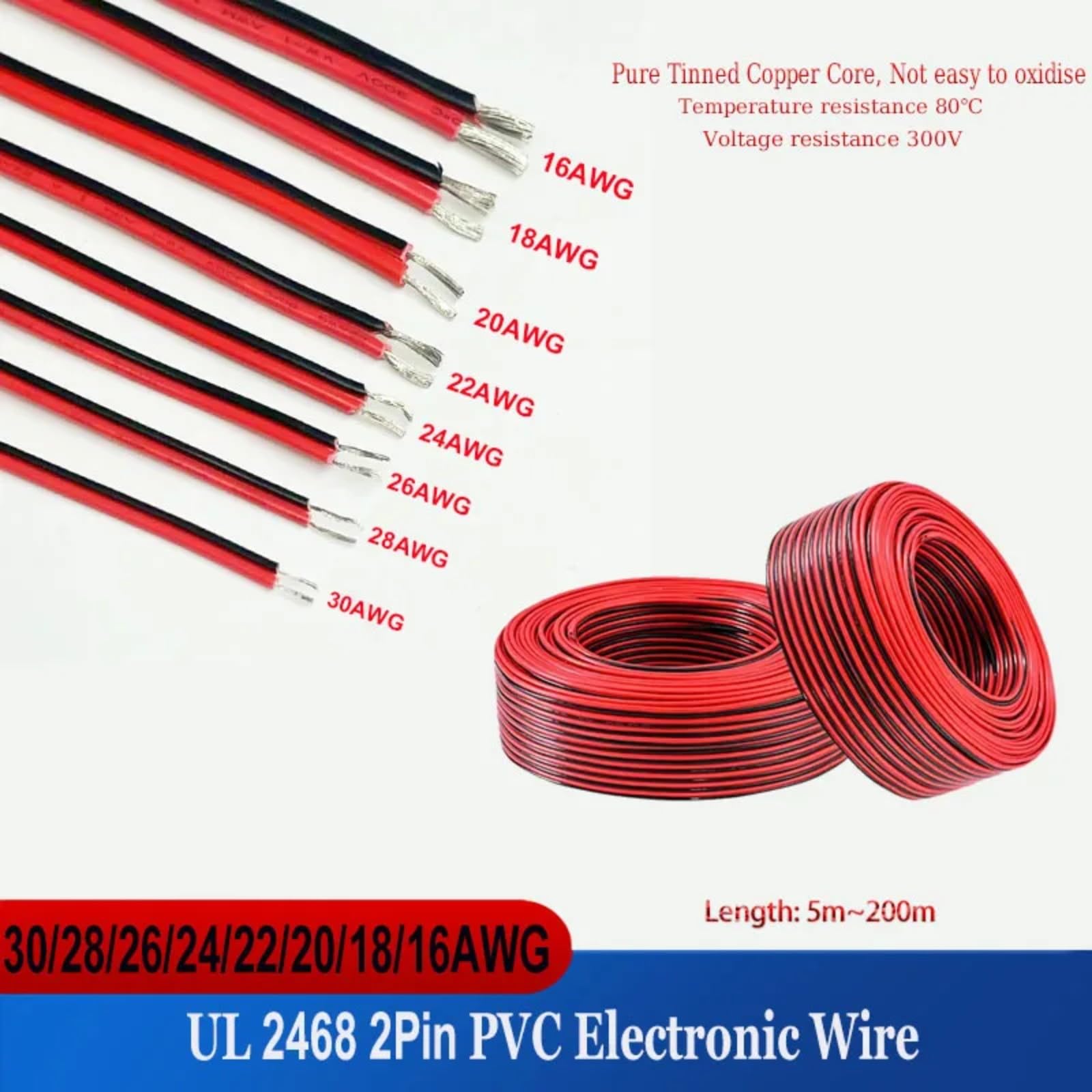 2-Pin Conductor Tinned Copper PVC Insulated Red-Black Cable para LED Strip Extension Cord 16 18 20 22 24 26 28 30AWG (2 pines de PVC Wire; 60 meters-196,85 feet; 28 AWG)