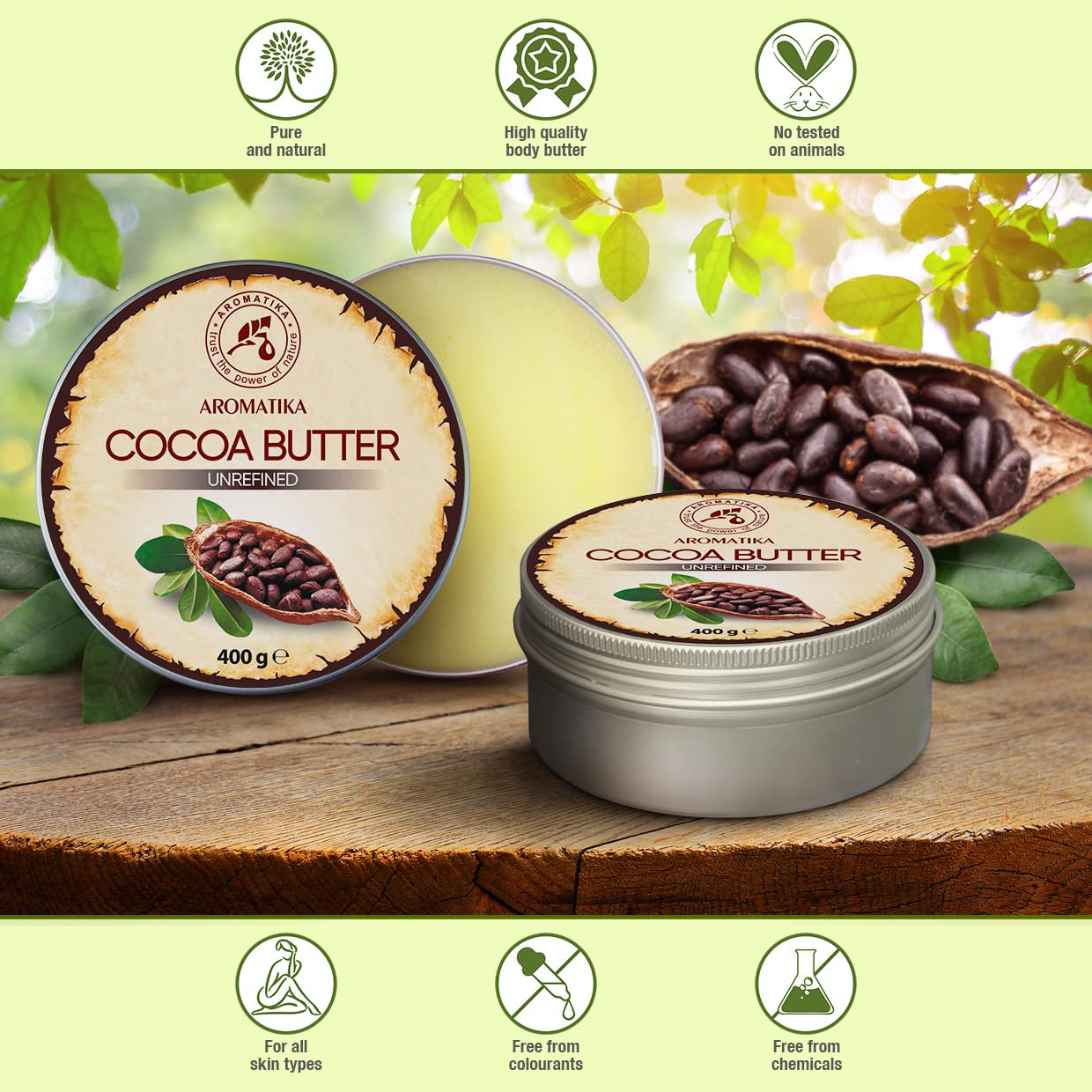 Beurre de Cacao 400g - Non Raffiné - Pur & Naturel - Beurre de Cacao pour Soins de Beauté - Hydratant pour Cheveux - Peau - Lèvres - Visage - Corps - Massage - Bon pour la Beauté