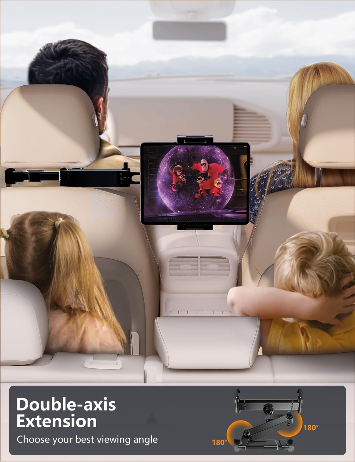 Support de tablette pour appui-tête de voiture, support de siège arrière de voiture [bras d'extension 3 en 1], rotation à 360 ° réglable, essentiel pour iPad Pro 4,7-11", Air, Mini, Galaxy