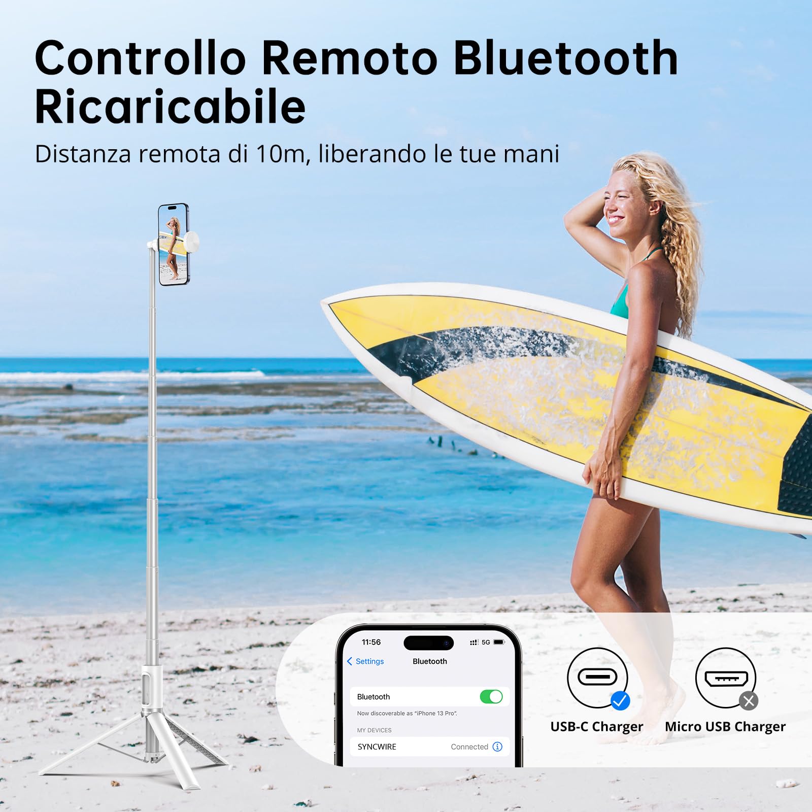 SYNCWIRE Bastone Selfie Treppiede 140cm, Selfie Stick Regolabile con Telecomando Bluetooth Ricaricabile, Asta Selfie in Alluminio Estendibile, Compatibile con iPhone e Smartphone Android (Bianco)