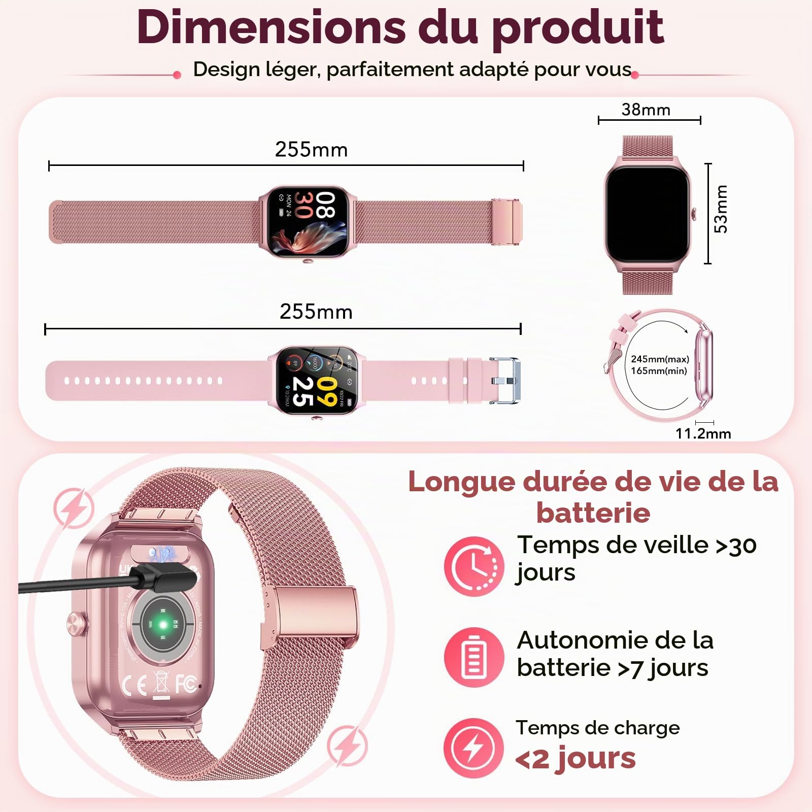 Montre Connectée Femme avec Appel Bluetooth,1.85"HD Smartwatch Femme avec Fréquence Cardiaque/Sommeil/SpO2, 120+ Modes Sportifs, IP68 Étanche Fitness Tracker, Montre pour Android iOS Rose Pêche