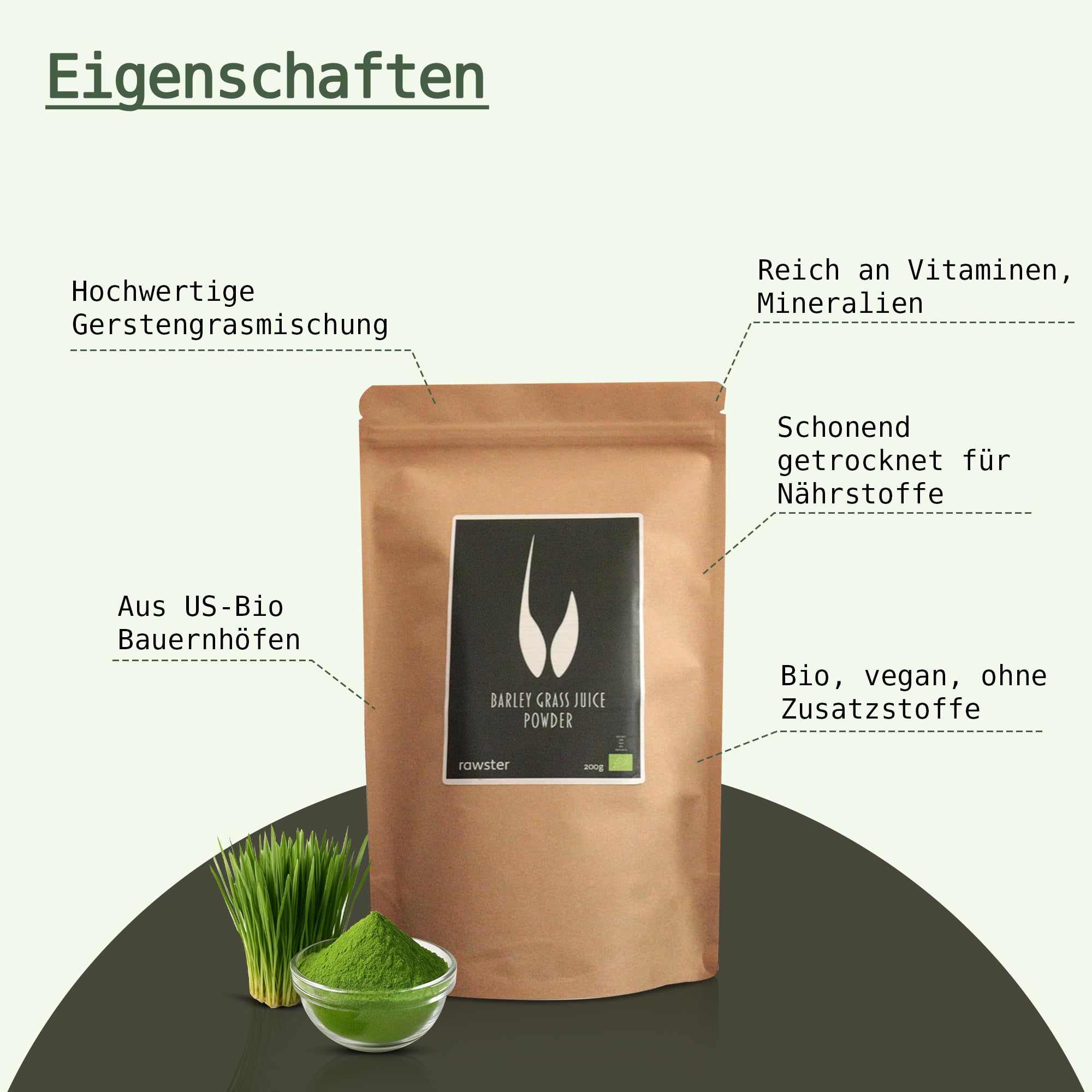 Succo di erba d'orzo biologico in polvere, certificato di alta qualità, 100% solubile in polvere, succo d'erba d'orzo in polvere, rawster (400 g)