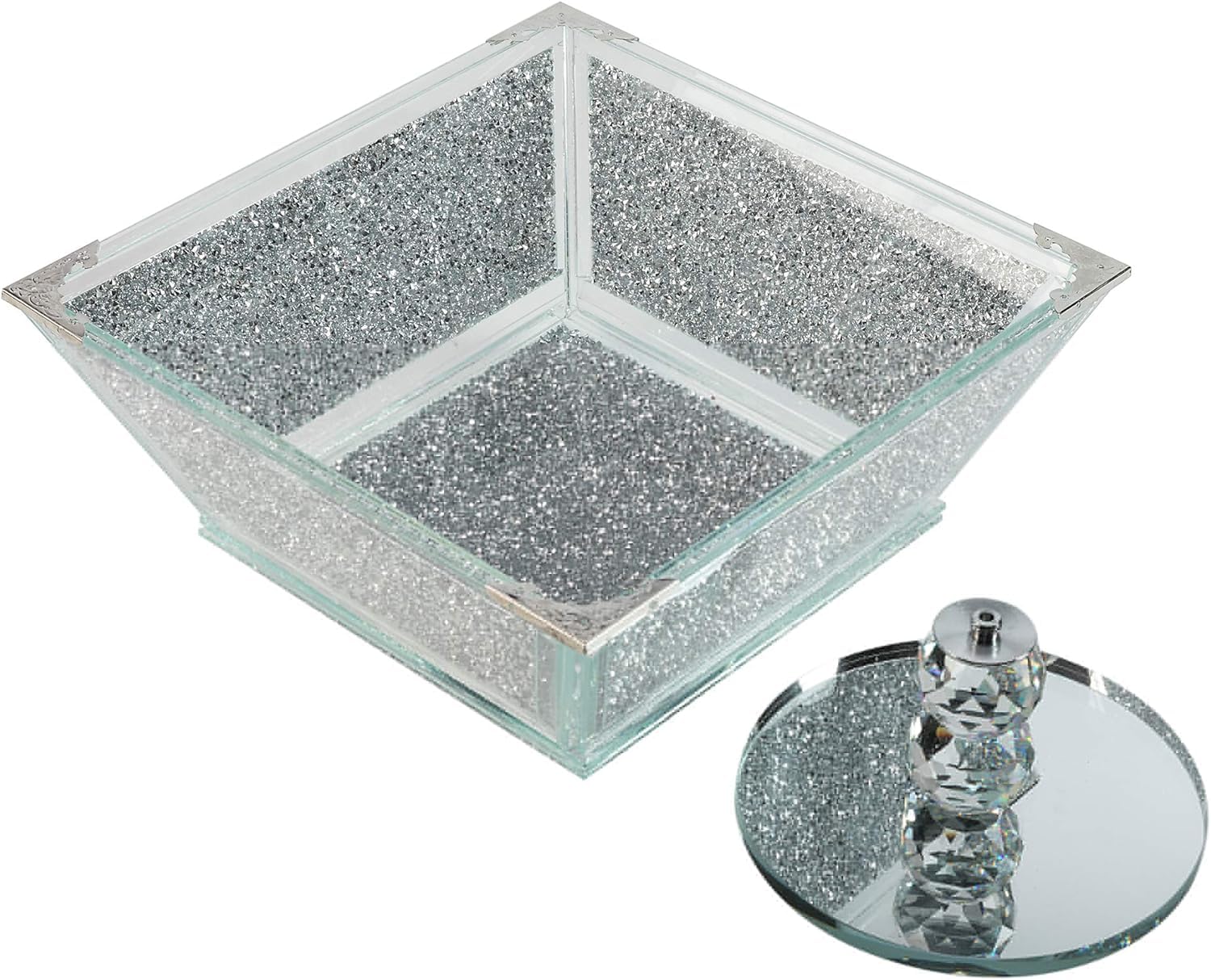 Corbeille à fruits en cristal extra large avec cadre en métal argenté de forme carrée