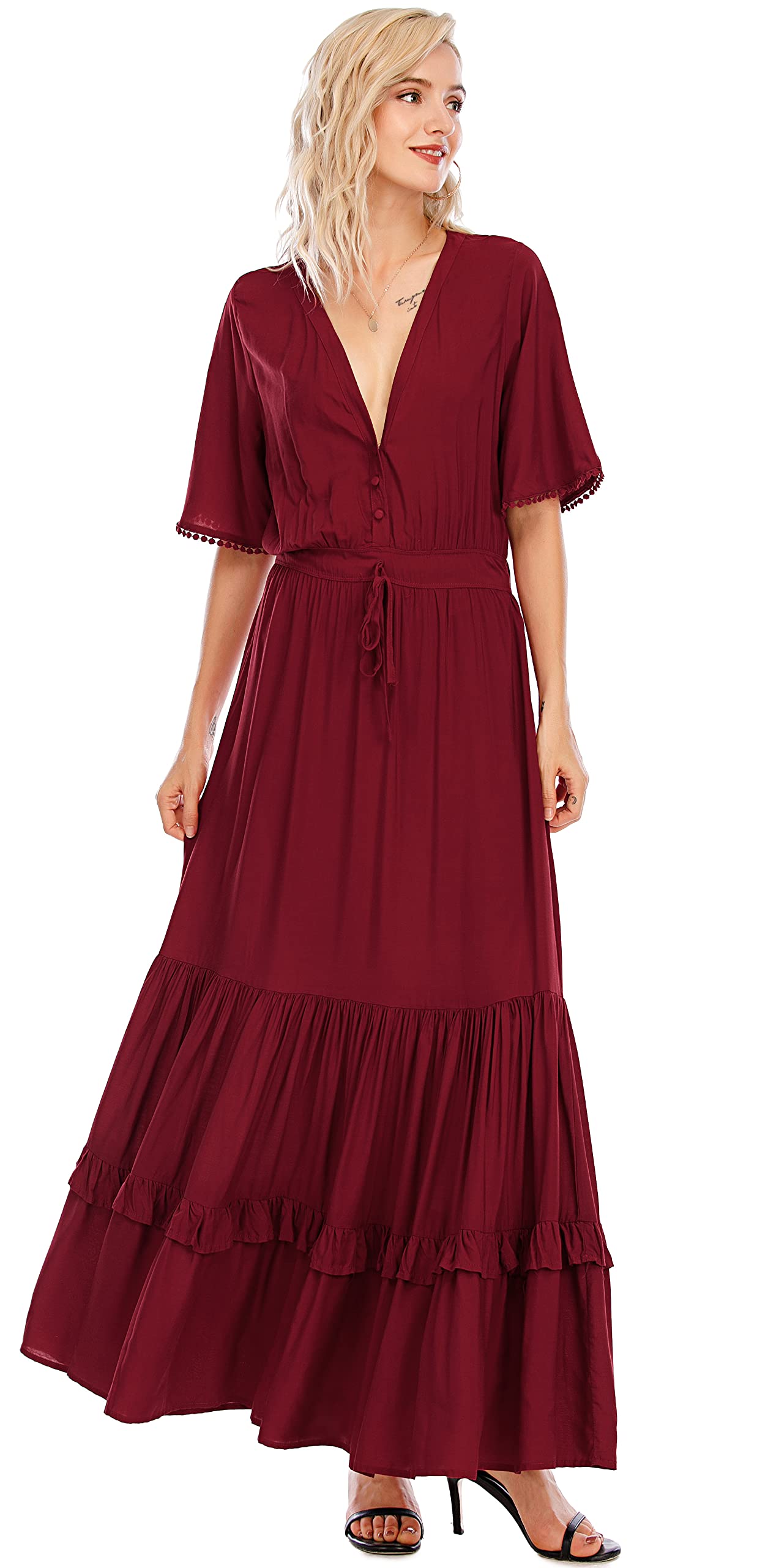 R.Vivimos Abito Boho Estivo Donna Abito Sexy Scollo a V Bottoni Manica Corta Vestito Elegante con Volant Orlo Abito Lungo Maxi da Spiaggia Casual per Le Vacanze(S,Vino Rosso)