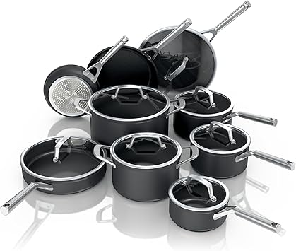 Ninja Cookware, Ninja NeverStick Professional, 16-Piece Pots and Pans Set, Non Stick Frying Pans, Kitchen Essentials, Stock Pot, Sauce Pan, Glass Lids, Saute Pan, All Stovetops, Black, C39900