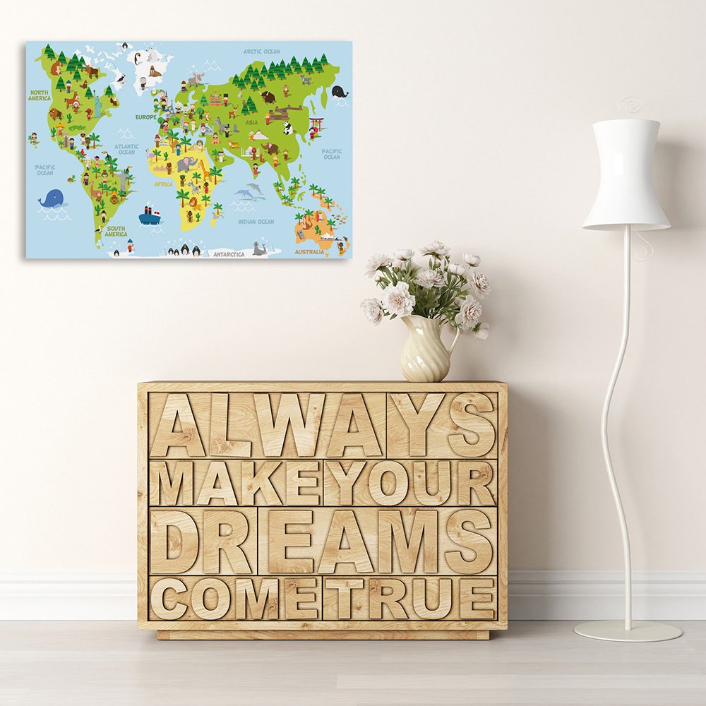 Feeby Quadro Su Tela Mappa Del Mondo 100x70 cm 1 pezzo Stampa Murale Fotografia Decorazione da parete Immagini Moderni per Soggiorno Camera da Letto Ufficio Cucina Il Moderno Mondo Bambini