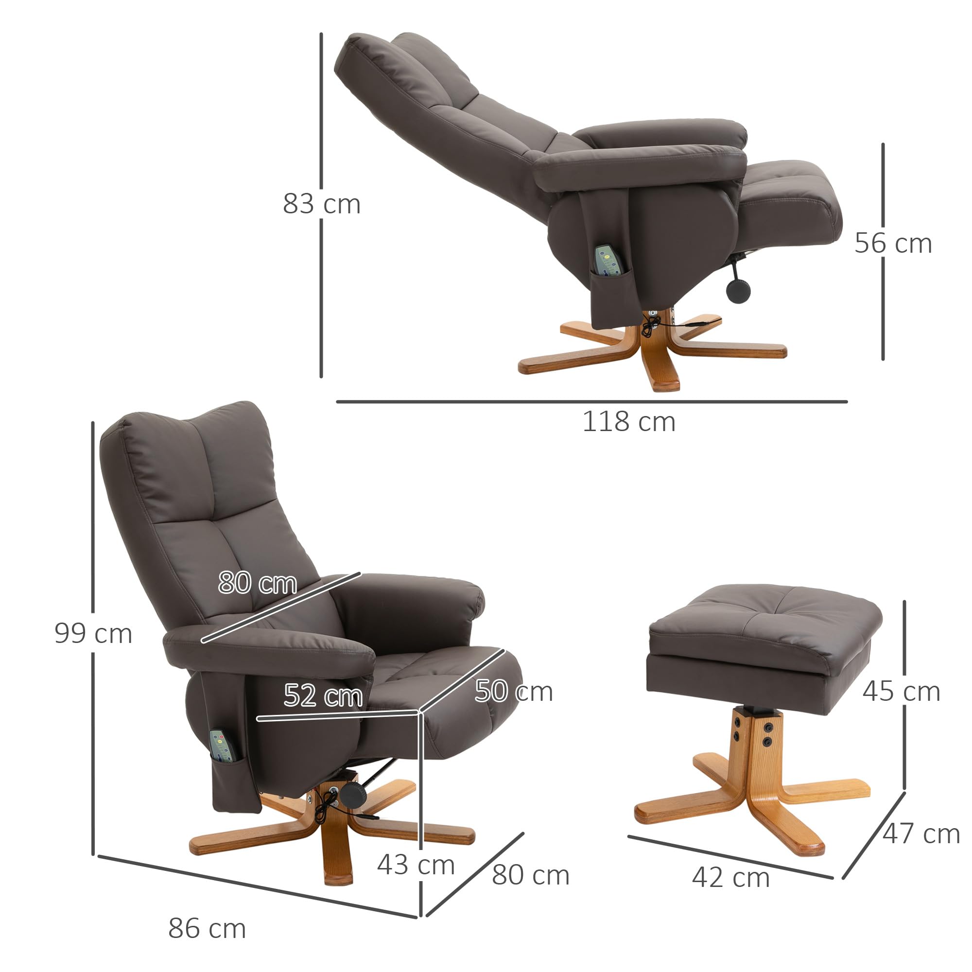 HOMCOM Relaxsessel mit Hocker 360° drehbarer Massagesessel Liegefunktion TV-Sessel Polyester Braun