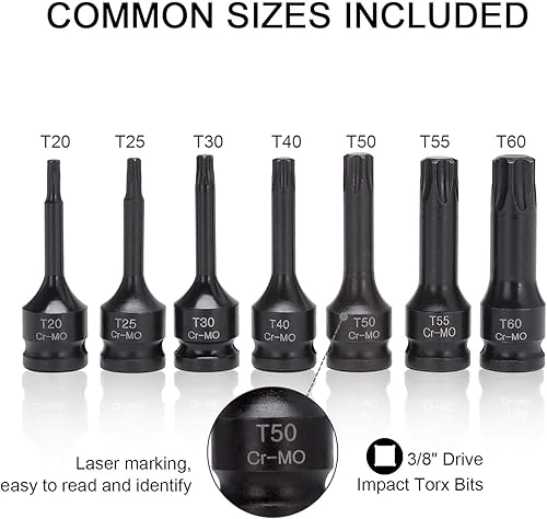Miniatura 2 de HELAKLS 7-Piece 38 Inch Drive T20-T60 Torx Star Driver Bit Socket Set Cr-Mo Construcción de una sola pieza Aire Impact Socket Herramientas de mano