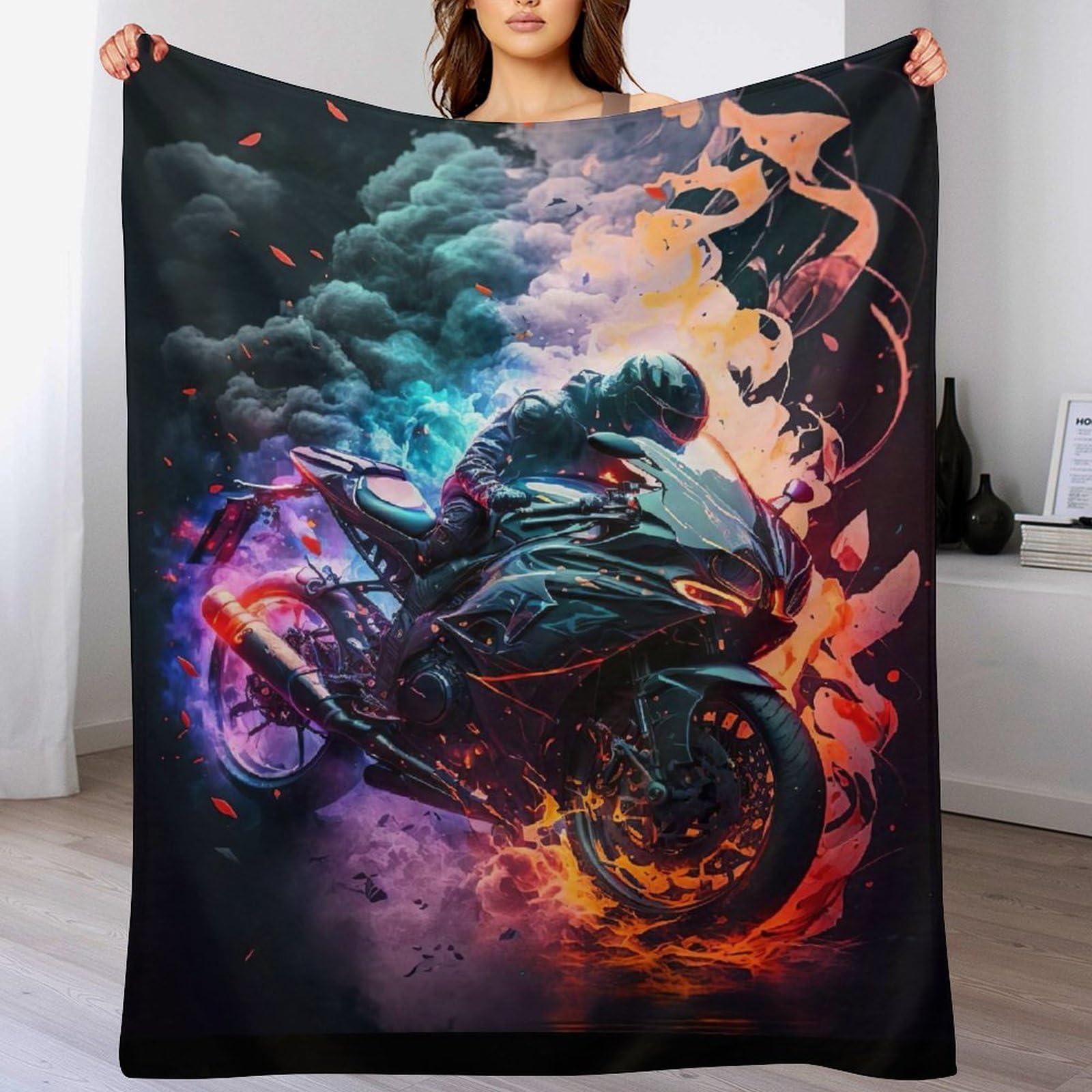Couverture flanelle super douce plaid moto 100x130cm confortable chaud toutes saisons