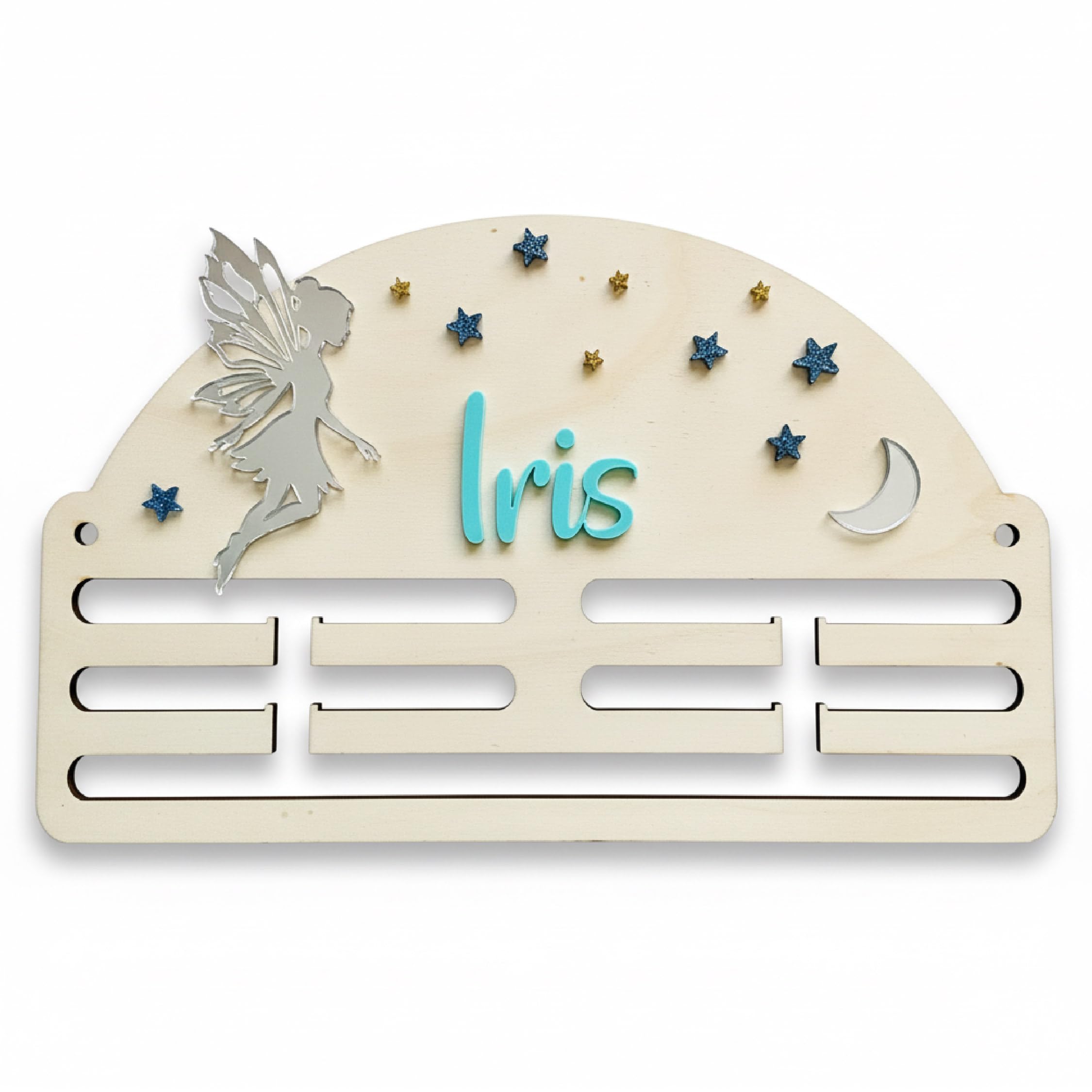 Genérico Ideas CAÓTICAS | Medallero Niña Personalizado con Nombre. De Madera. El Hada, la Luna, el Nombre y Las Estrellas Hechos en acrílico de Color a Elegir. Fabricado en España.