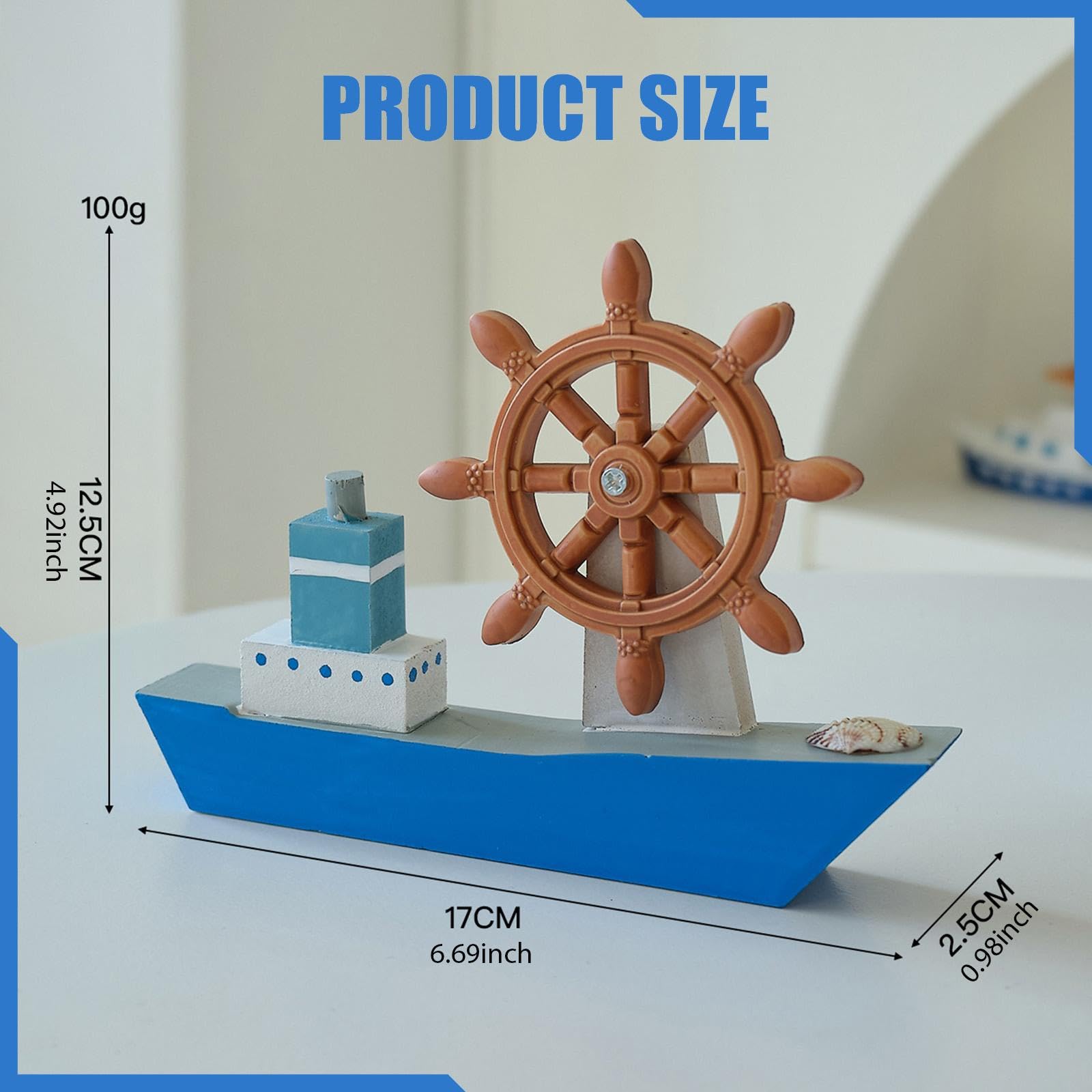 Gralara Maquette de Voilier En Bois, Décoration, Cadeau Nautique, Gouvernail avec Barre à Roue pour Hôtel Ou Ferme, Bleu Clair