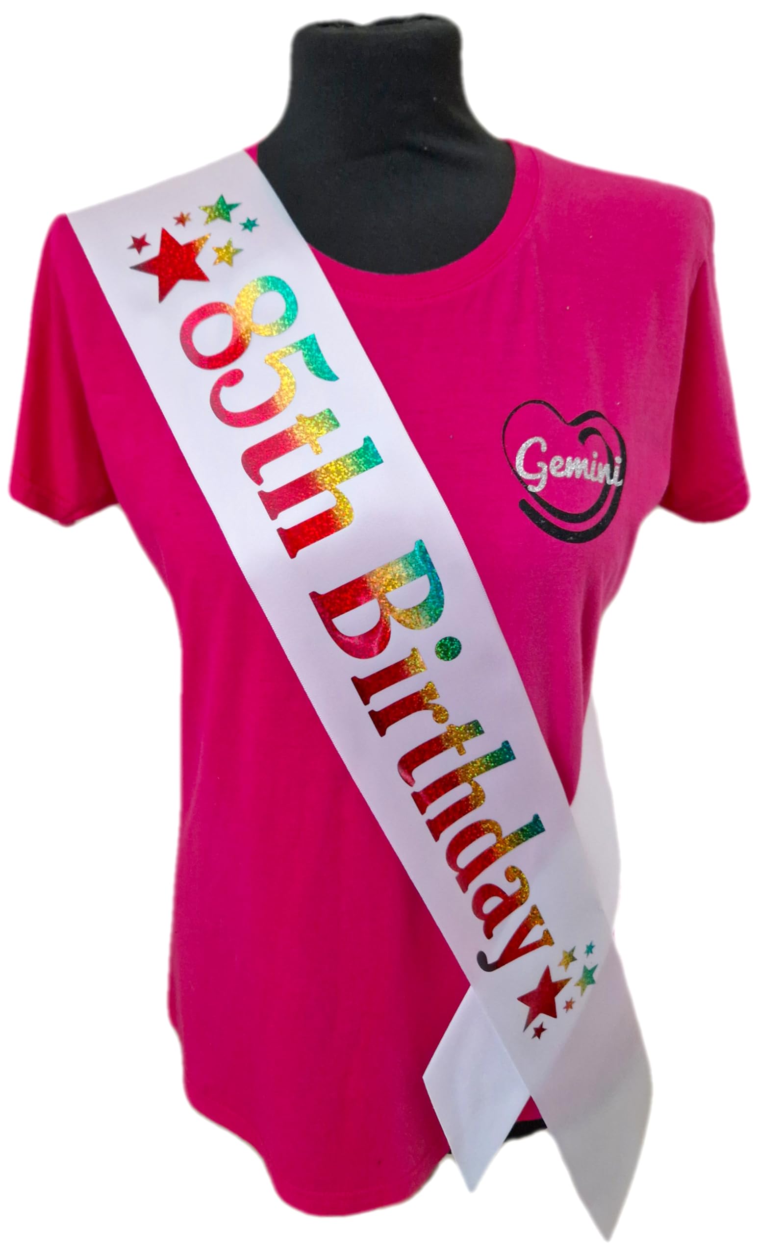 85th Birthday Sash - 85 Star Birthday Sash - Beautiful Quality White Ribbon and Holographic Rainbow Font - 85th Birthday Sash