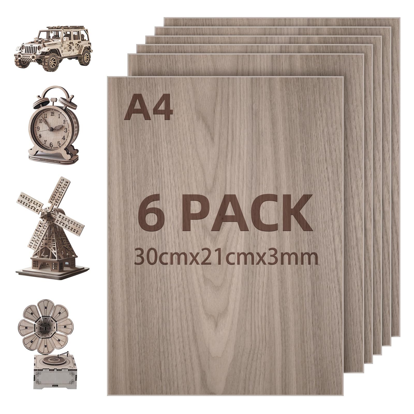 Sperrholzplatten 3mm,Walnuss Brett 6 Stück 30x21cm Lasercut Holz,A4 Linde Sperrholz,Holzplatte für Laser Gravur, CNC Schneiden, Malerei, DIY Modell