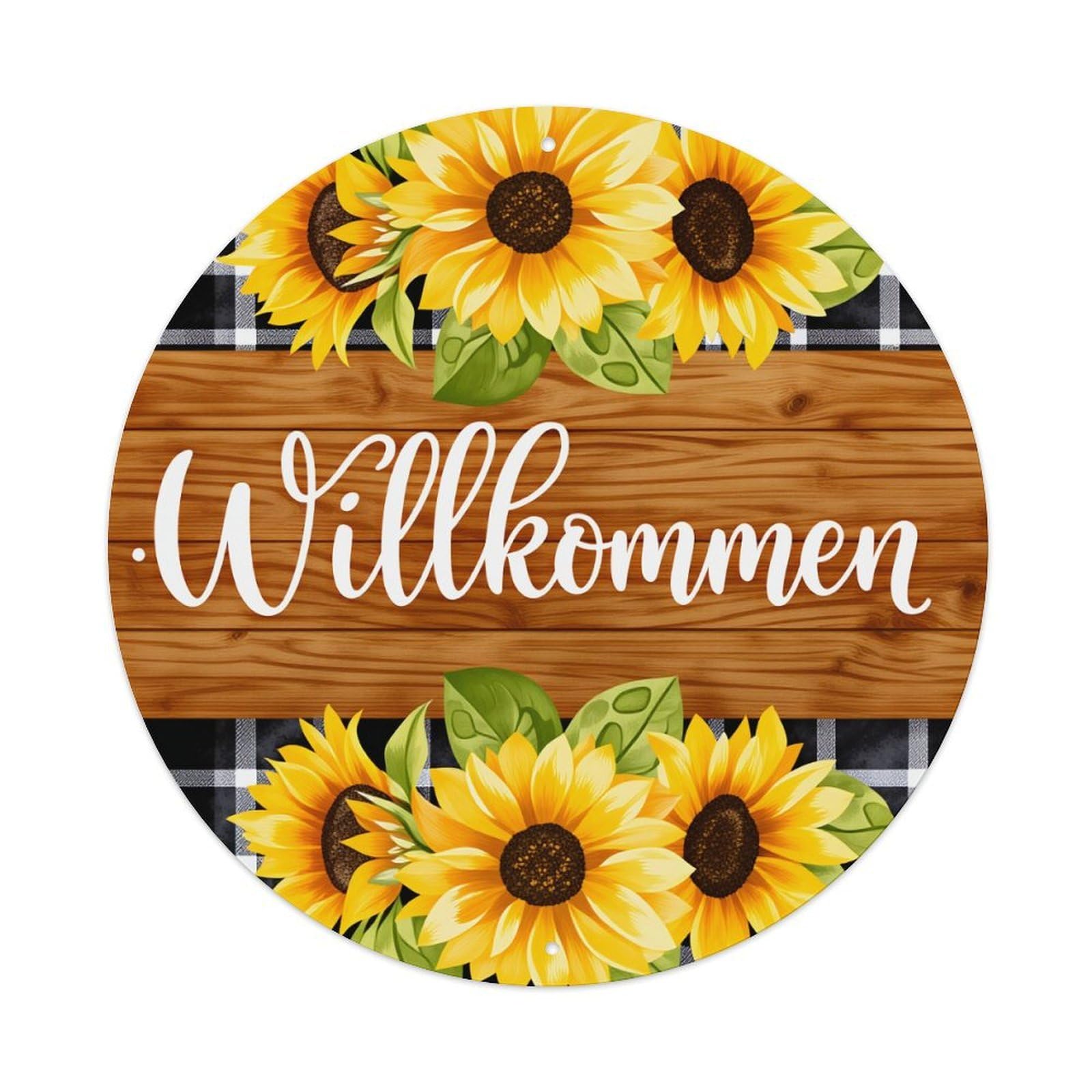 Sunflower Wood Plaid Welcome Sign Round Tin Sign Vintage Metal Poster Retro Bar, Home, Man Cave, Kitchen, Laundry Room Wall Art Decor Gift 8x8Inch