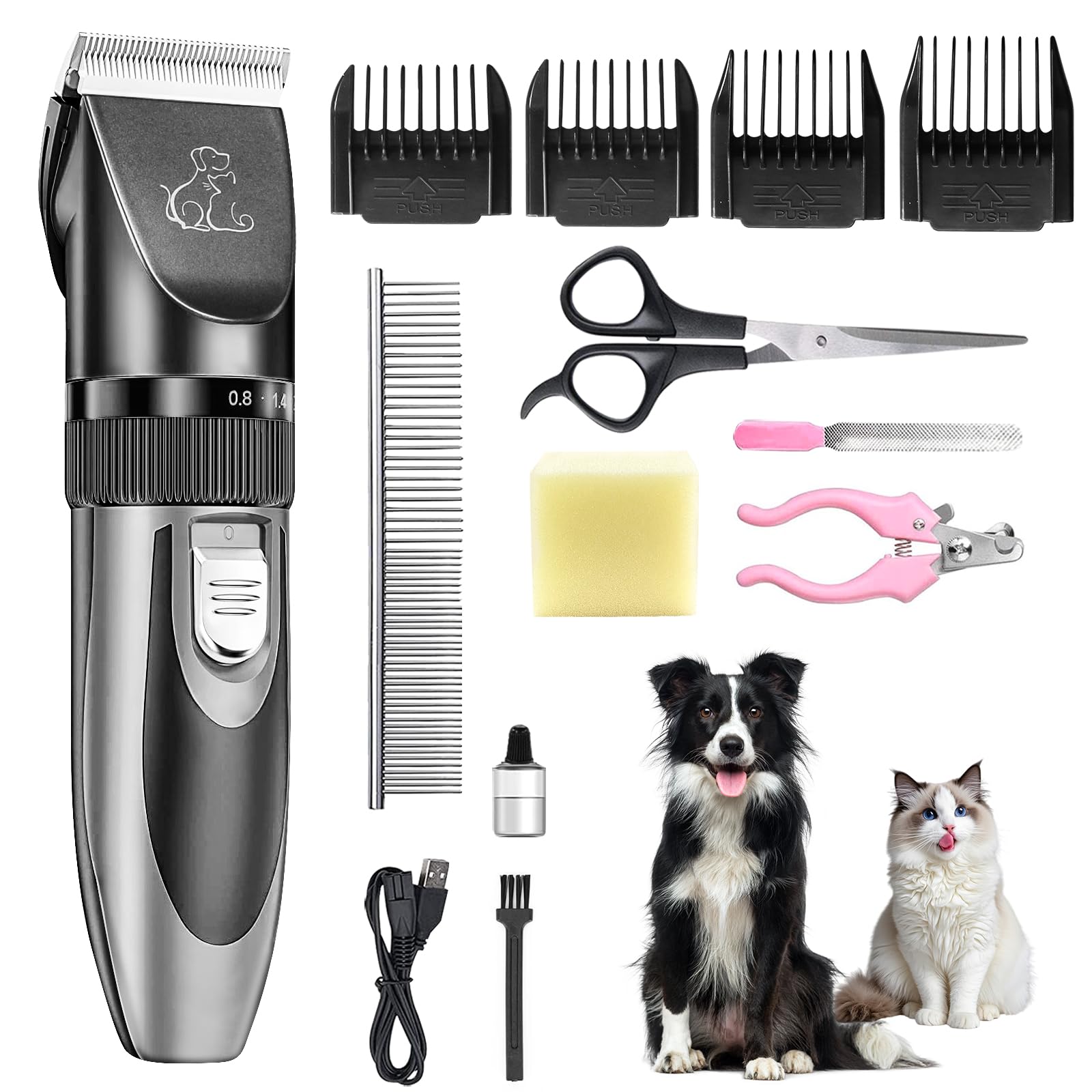 Esquiladora para perros, silenciosa, para perros y gatos, IPX7, resistente al agua, 2 horas de duración de la batería, con kit de cuidado de mascotas, para pelo grueso, largo y rizado