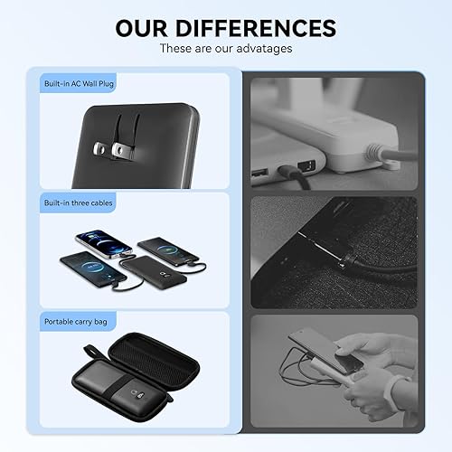 Miniatura 5 de Cargador portátil de 10000 mAh con cables integrados y enchufe de pared de CA, cargador USB C de carga rápida con 3 cables, batería externa de 5