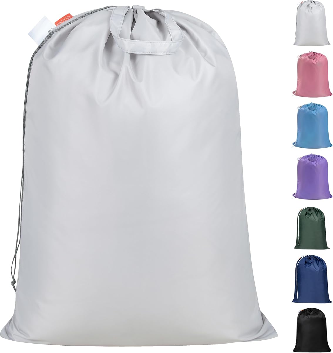 Bolsa de lavandería extra resistente con asas, plateada, 28 x 36 pulgadas | Capacidad de carga extra grande de 3 a 4, resistente de 50 lb, etiqueta de identificación con nombre, forro para cesto y cesta, costuras reforzadas, cierre de cordón